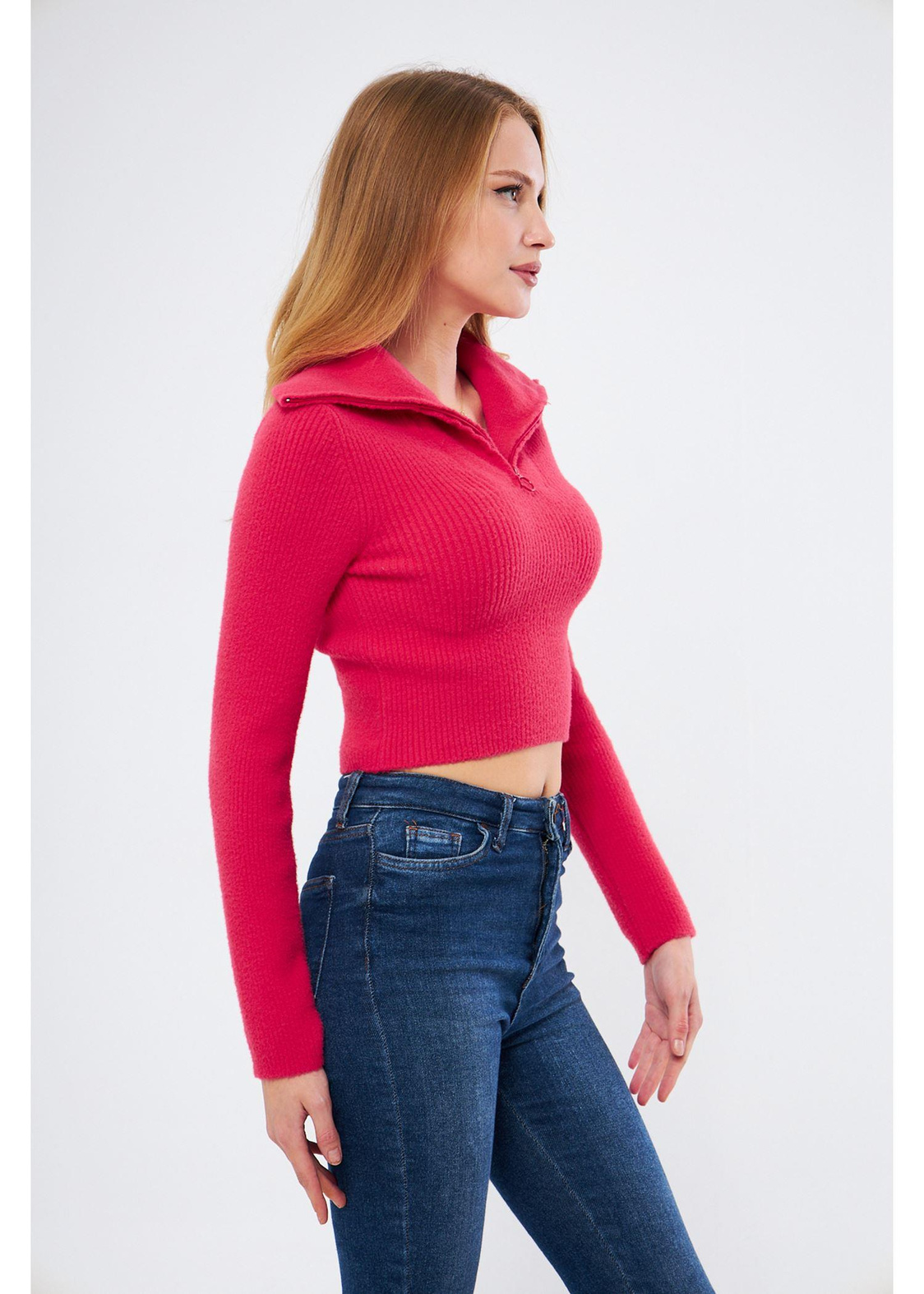 Fermuarlı Crop Triko Kazak
