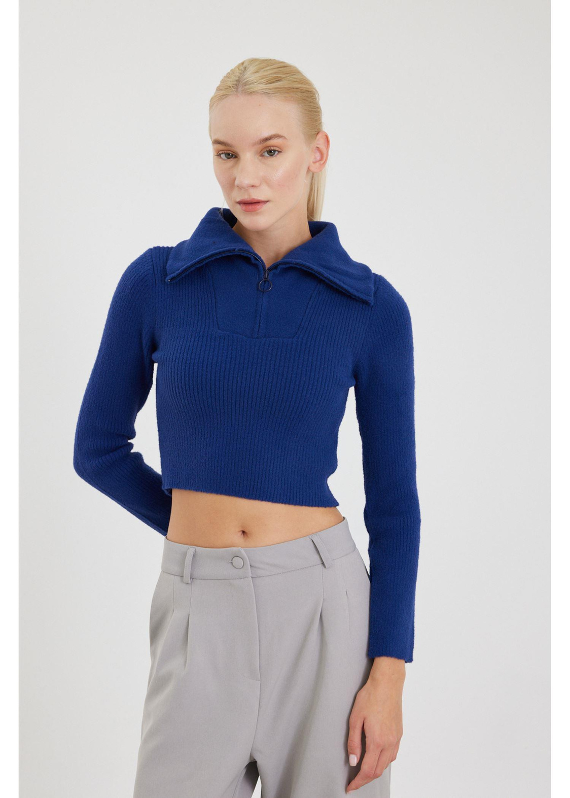 Fermuarlı Crop Triko Kazak-Lacivert