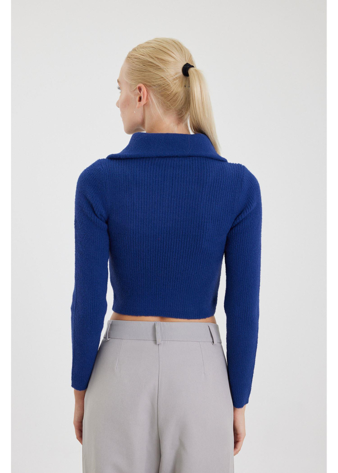 Fermuarlı Crop Triko Kazak-Lacivert