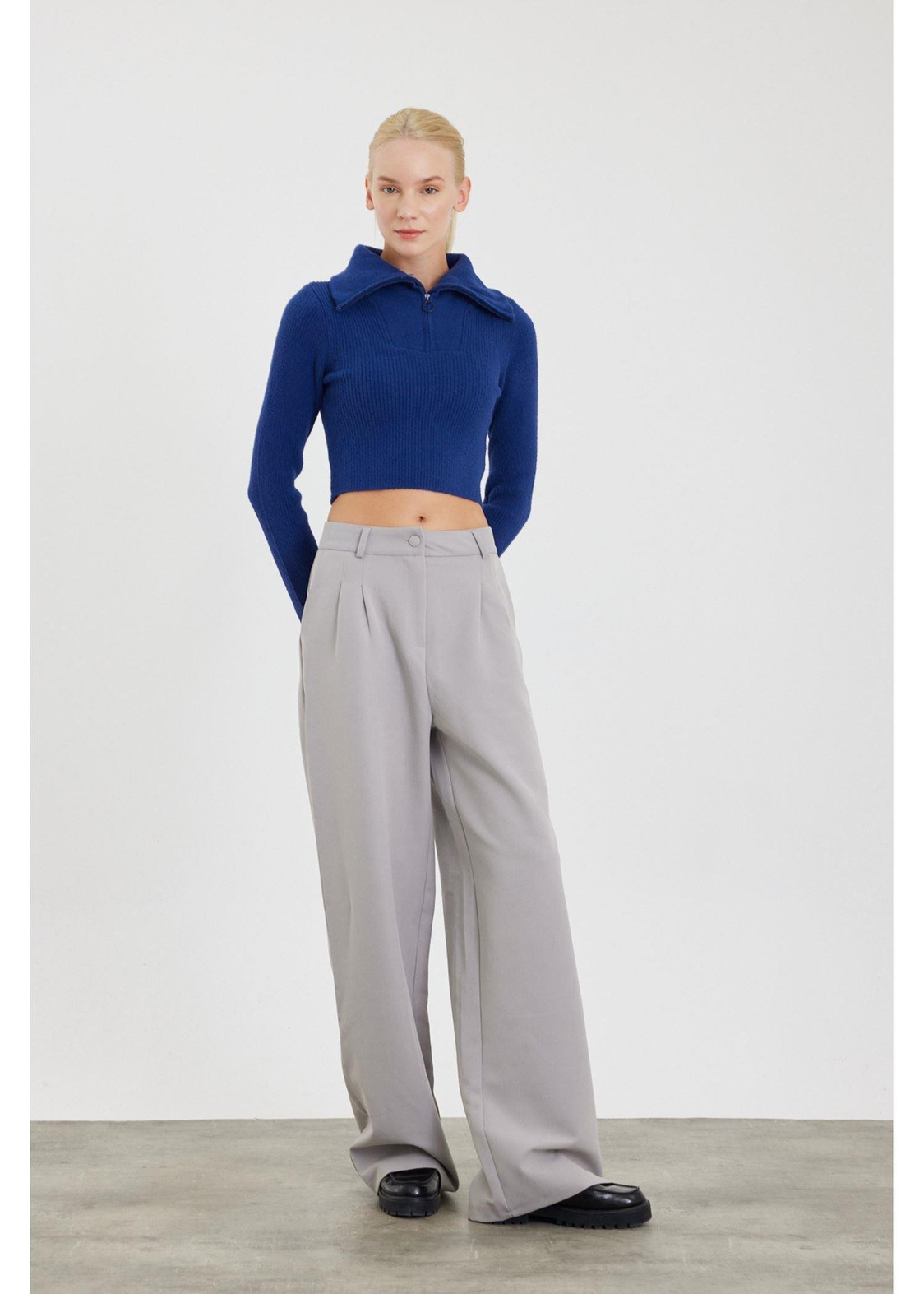 Fermuarlı Crop Triko Kazak-Lacivert