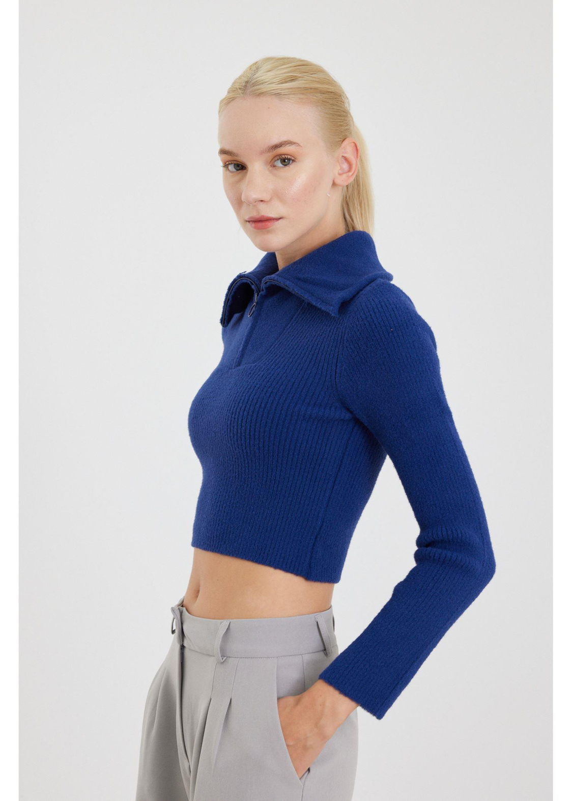 Fermuarlı Crop Triko Kazak-Lacivert