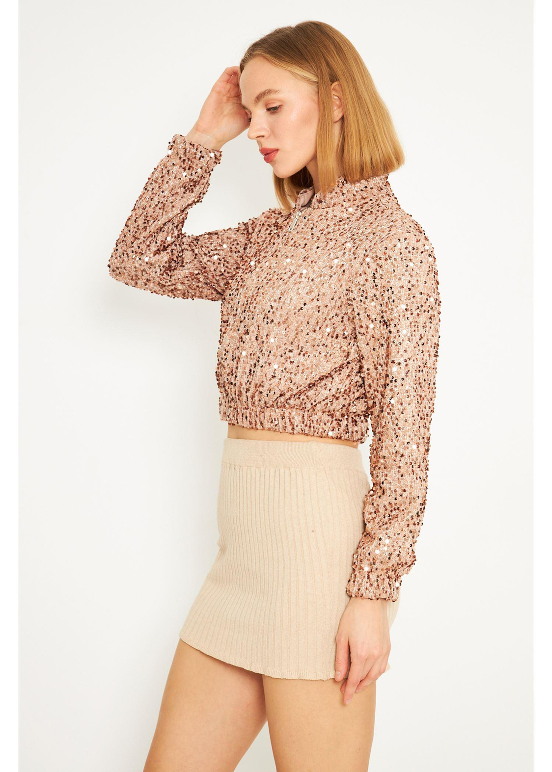 Fermuarlı Kadife Pul Payet Ceket