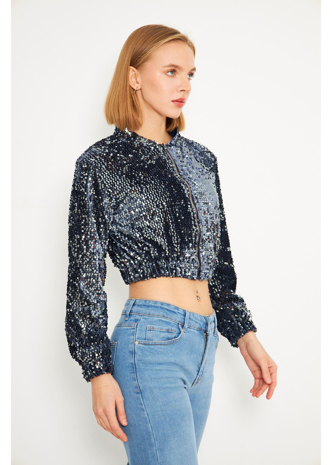 Fermuarlı Kadife Pul Payet Ceket