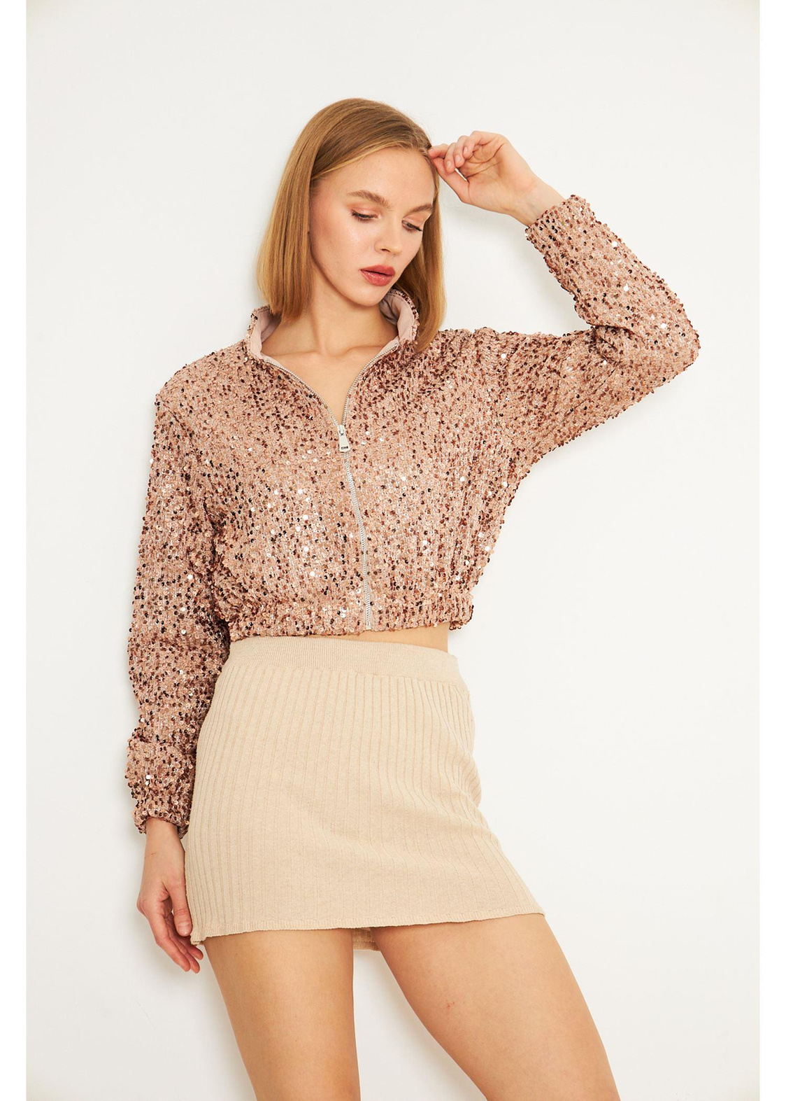 Fermuarlı Kadife Pul Payet Ceket