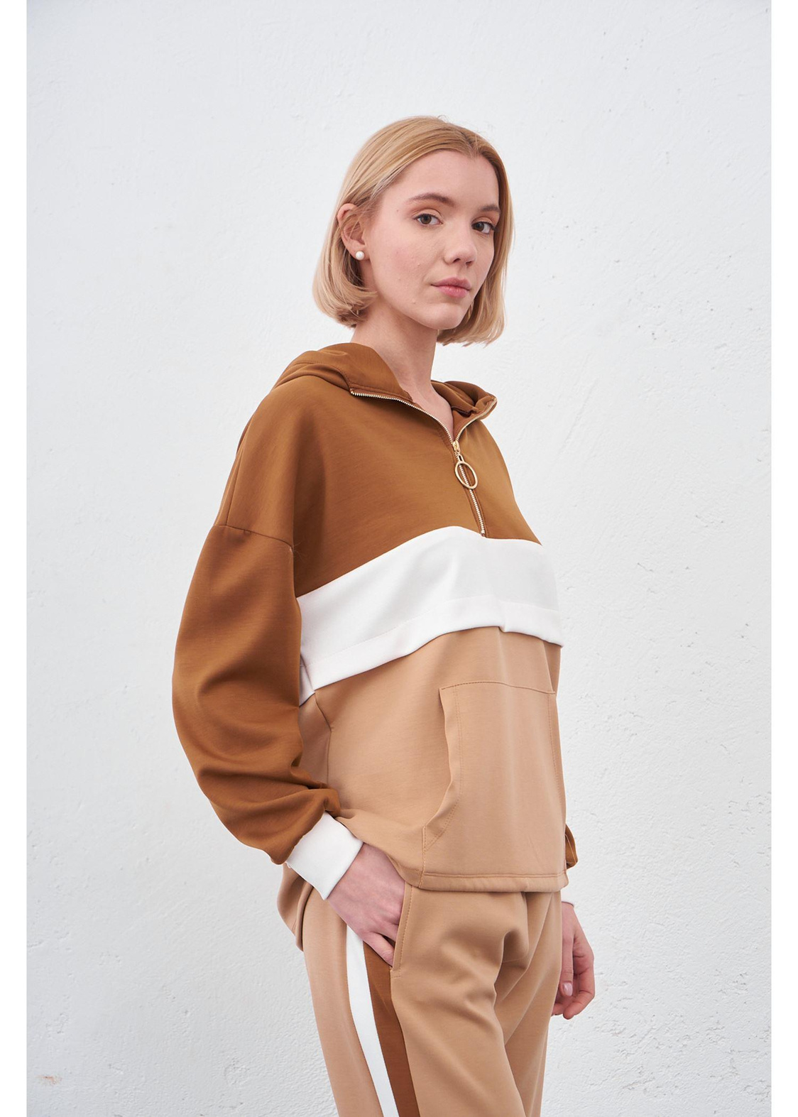 Fermuarlı Scuba Sweatshirt-Kahve