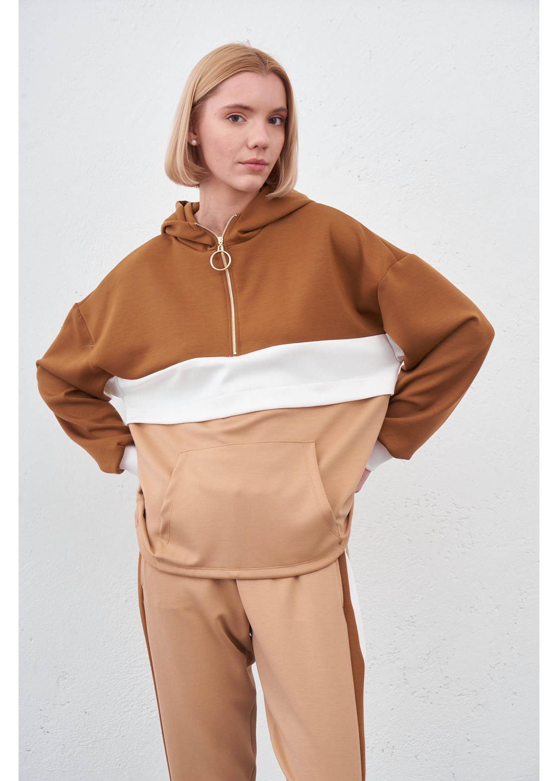 Fermuarlı Scuba Sweatshirt-Kahve