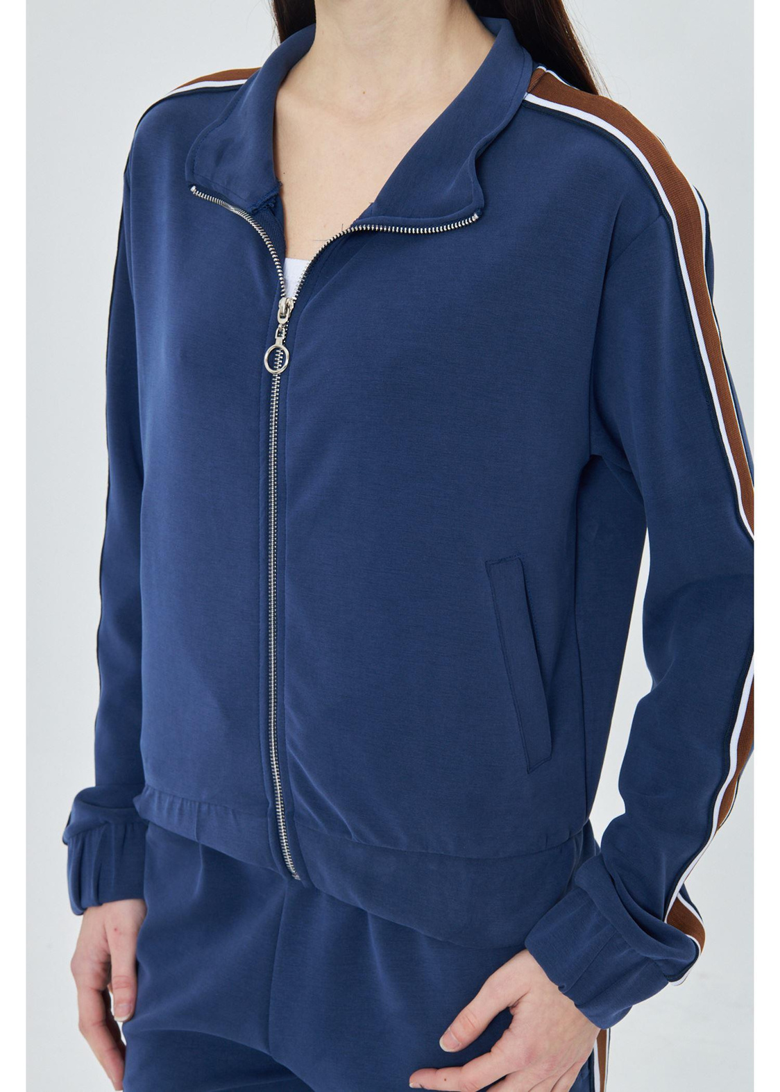 Fermuarlı Şeritli Dalgıç Sweatshirt-Lacivert