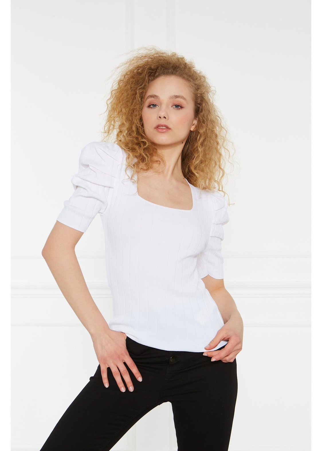 Fitilli Karpuz Kol Triko Tshirt-Ekru