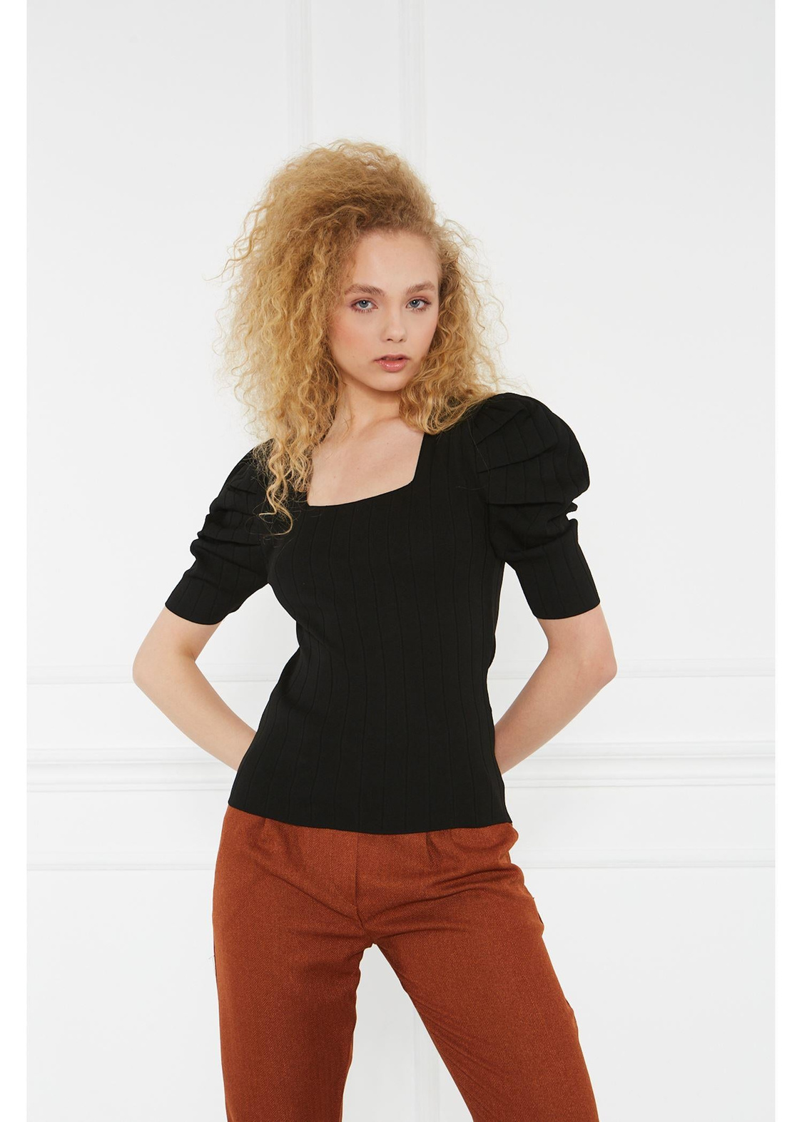 Fitilli Karpuz Kol Triko Tshirt-Siyah