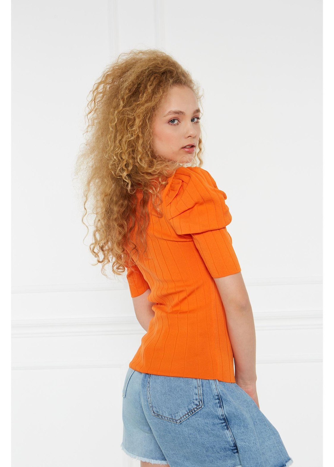 Fitilli Karpuz Kol Triko Tshirt-Turuncu