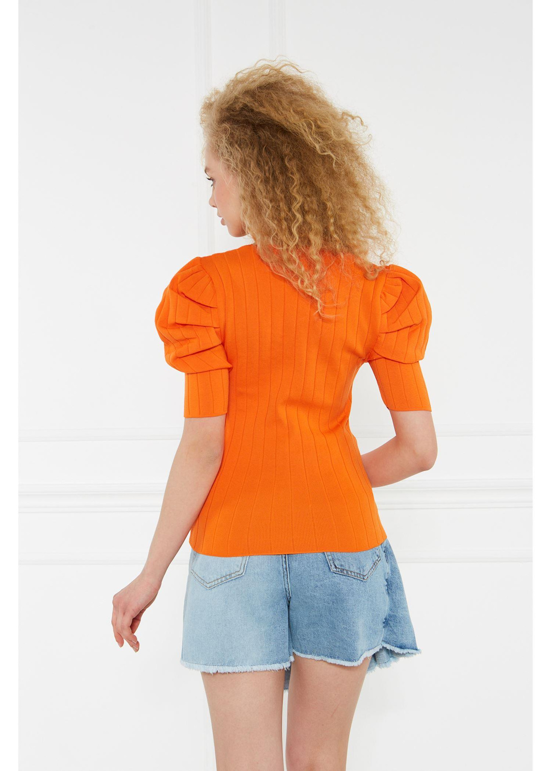 Fitilli Karpuz Kol Triko Tshirt-Turuncu