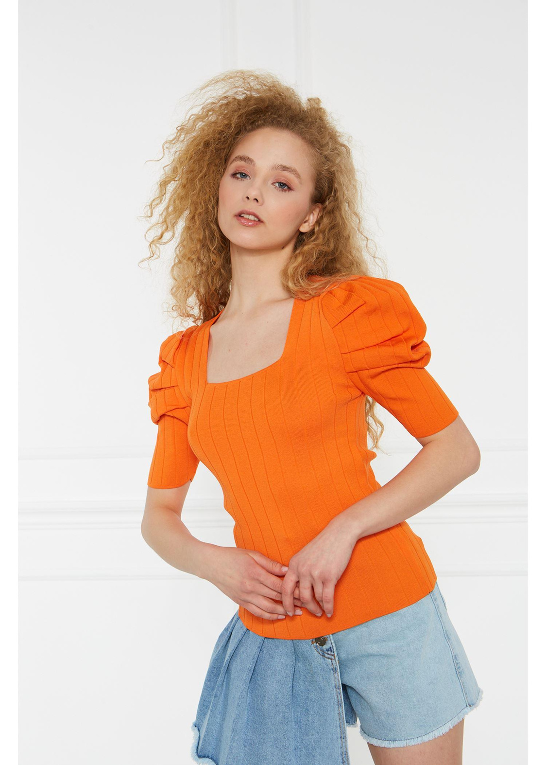 Fitilli Karpuz Kol Triko Tshirt-Turuncu