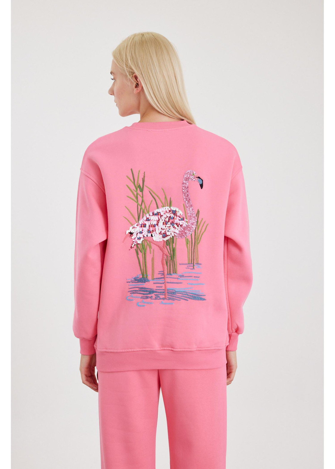 Flamingo Nakışlı Sweatshirt-Pembe