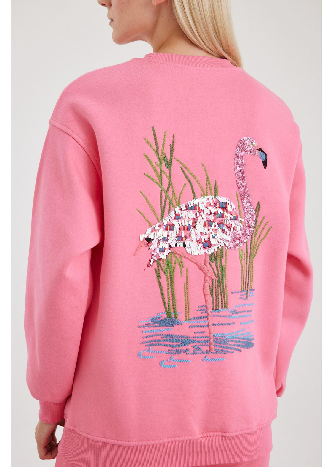 Flamingo Nakışlı Sweatshirt-Pembe