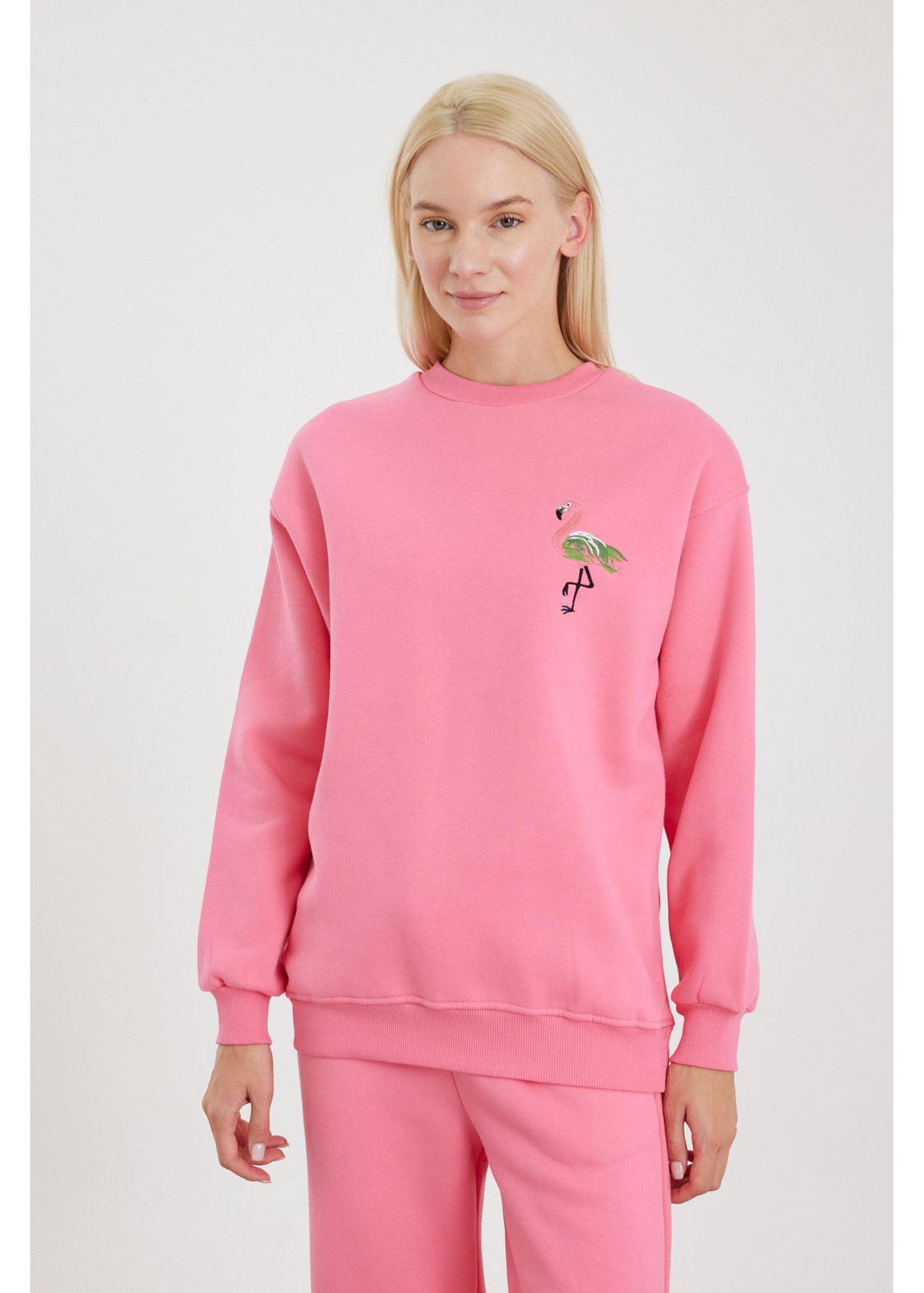 Flamingo Nakışlı Sweatshirt-Pembe