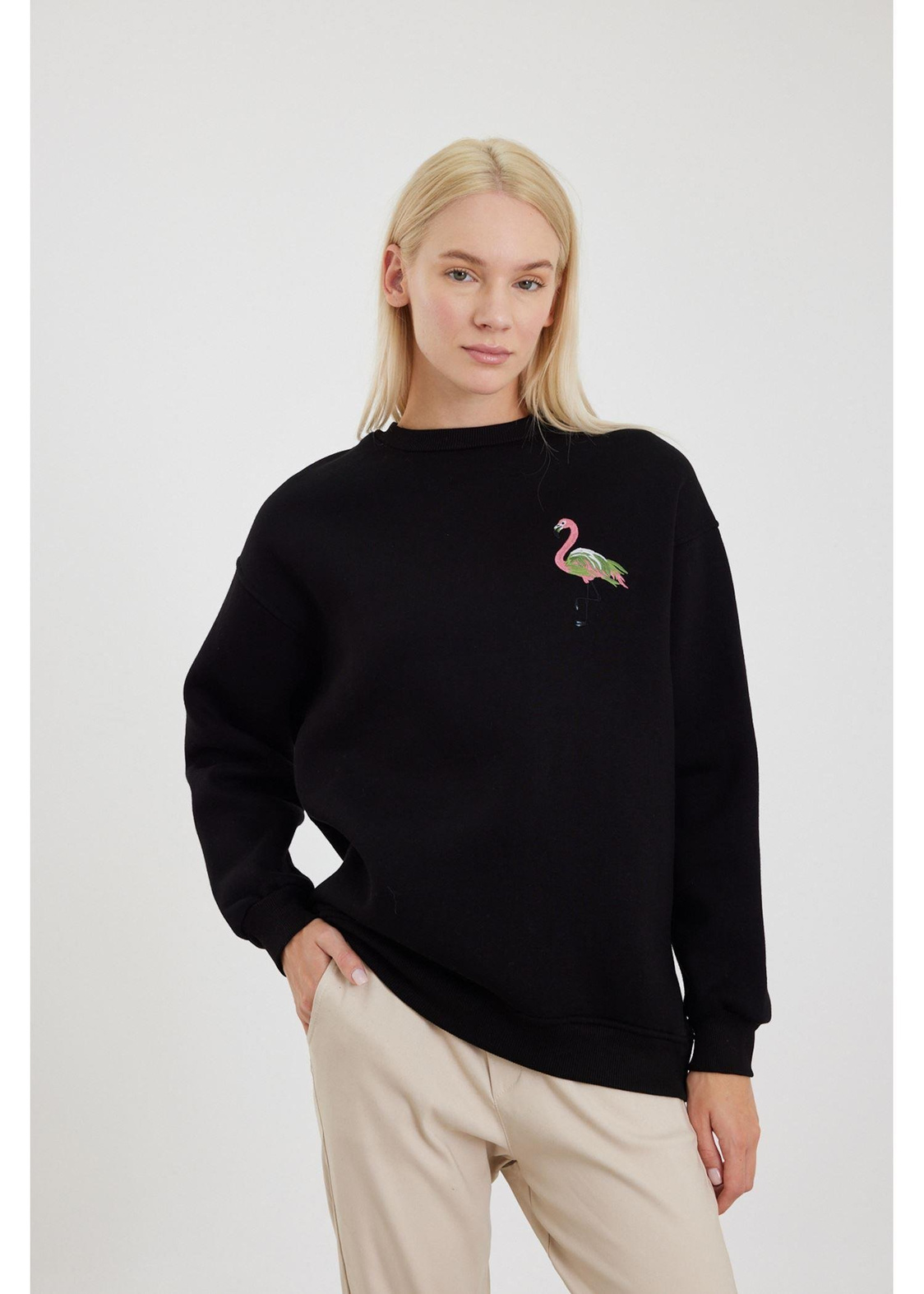 Flamingo Nakışlı Sweatshirt-Siyah