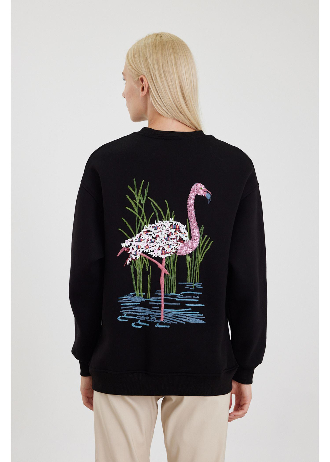 Flamingo Nakışlı Sweatshirt-Siyah