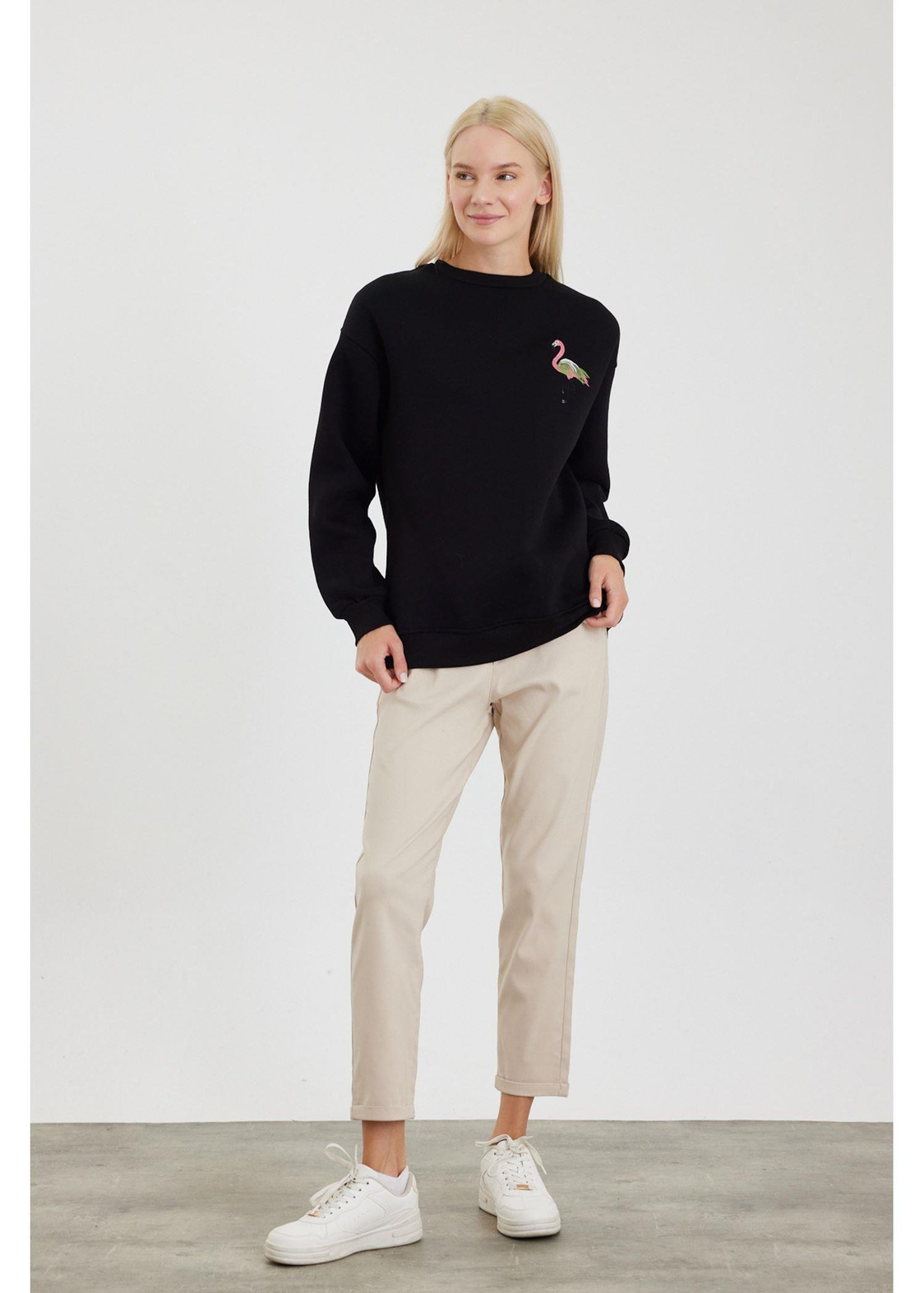 Flamingo Nakışlı Sweatshirt-Siyah