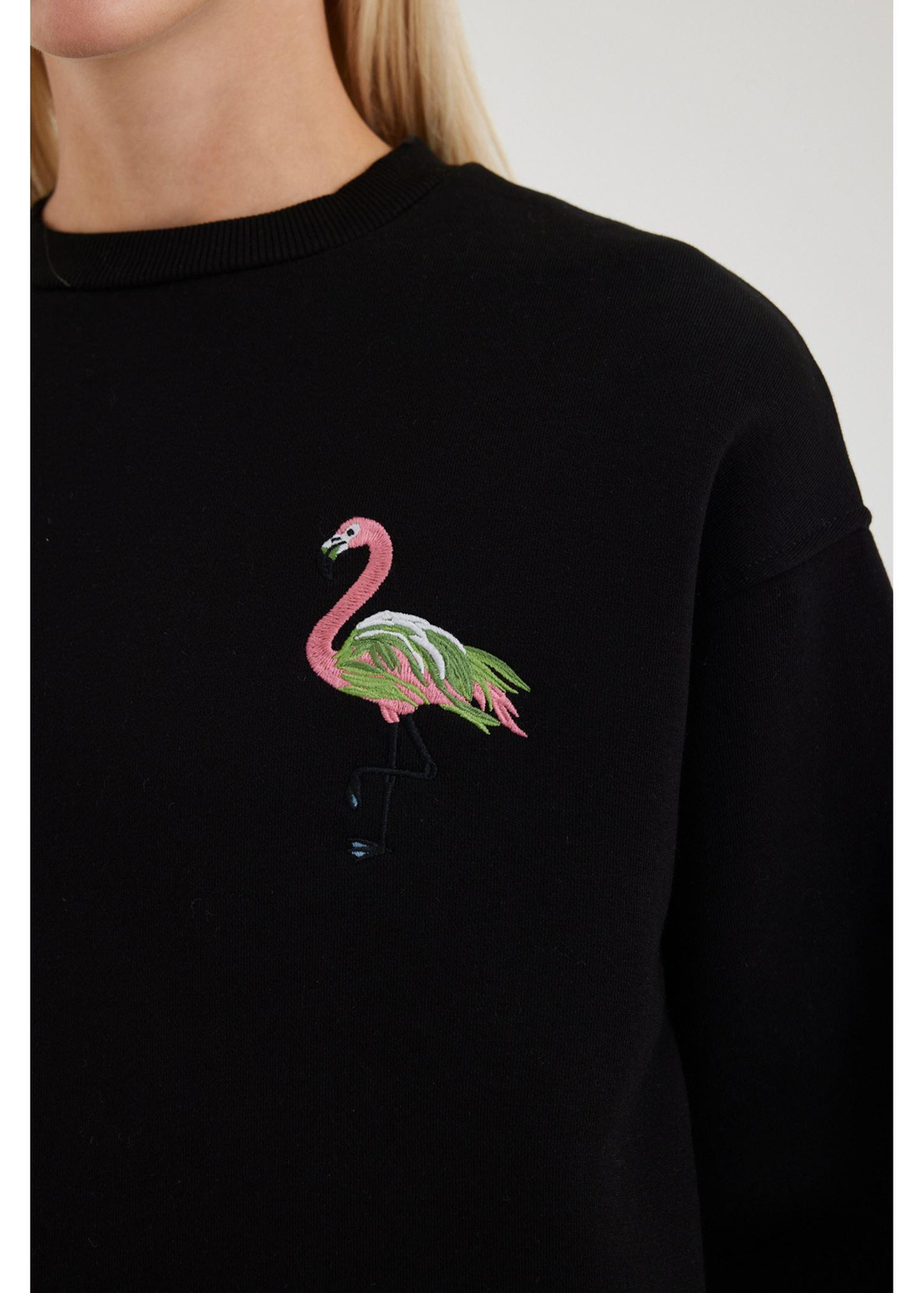 Flamingo Nakışlı Sweatshirt-Siyah