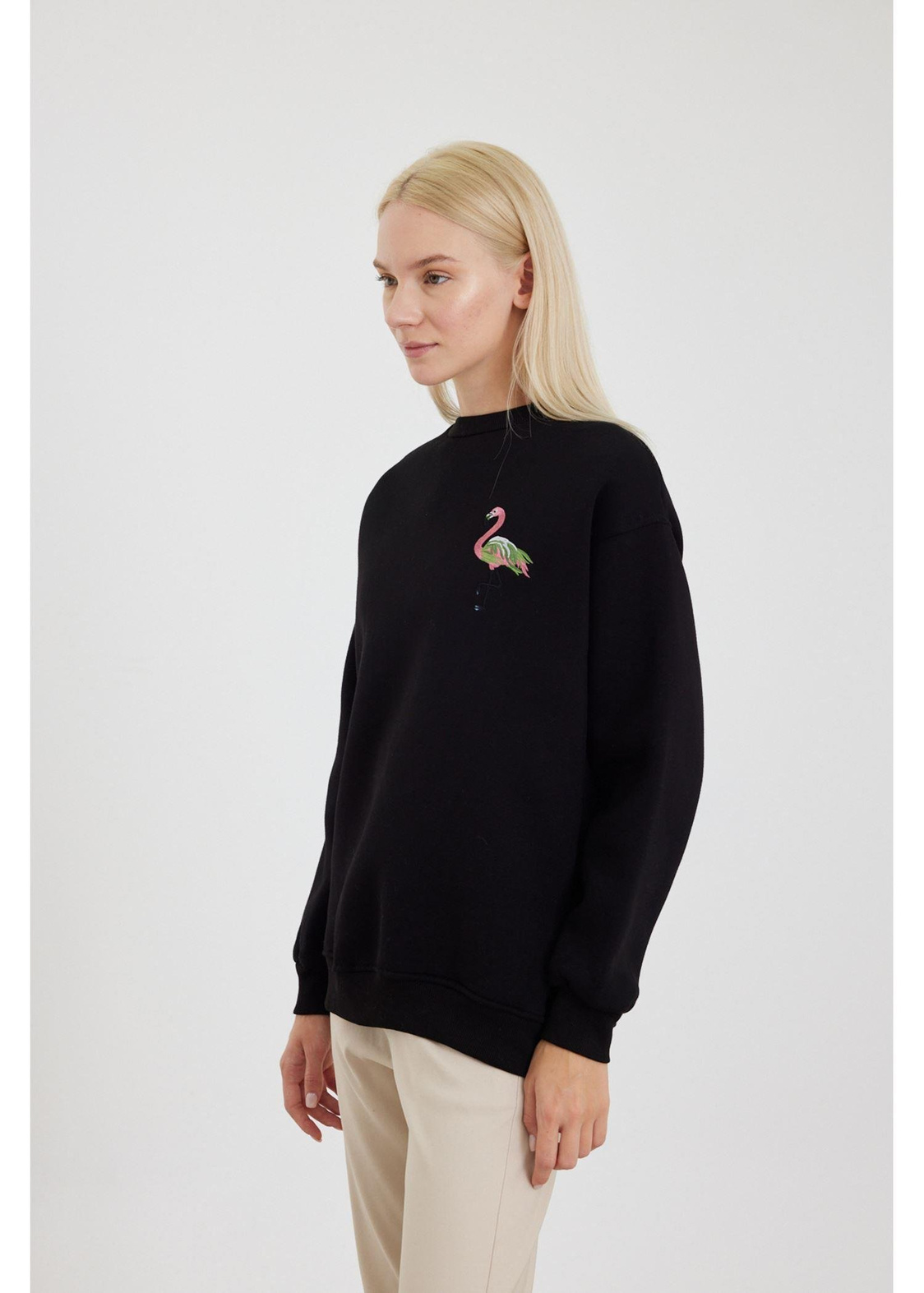 Flamingo Nakışlı Sweatshirt-Siyah