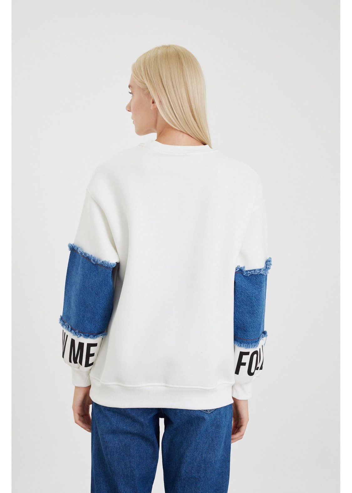 Follow Me Jean Detaylı Sweatshirt-Ekru