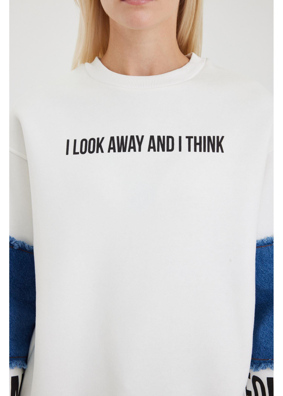 Follow Me Jean Detaylı Sweatshirt-Ekru
