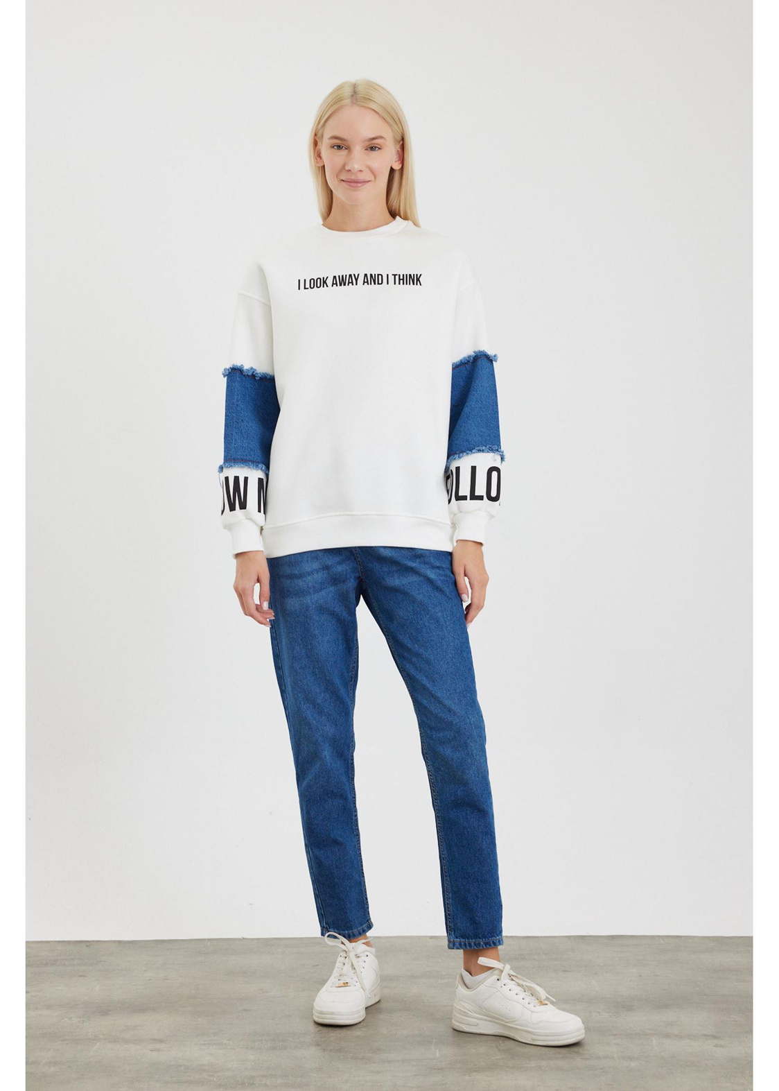 Follow Me Jean Detaylı Sweatshirt-Ekru