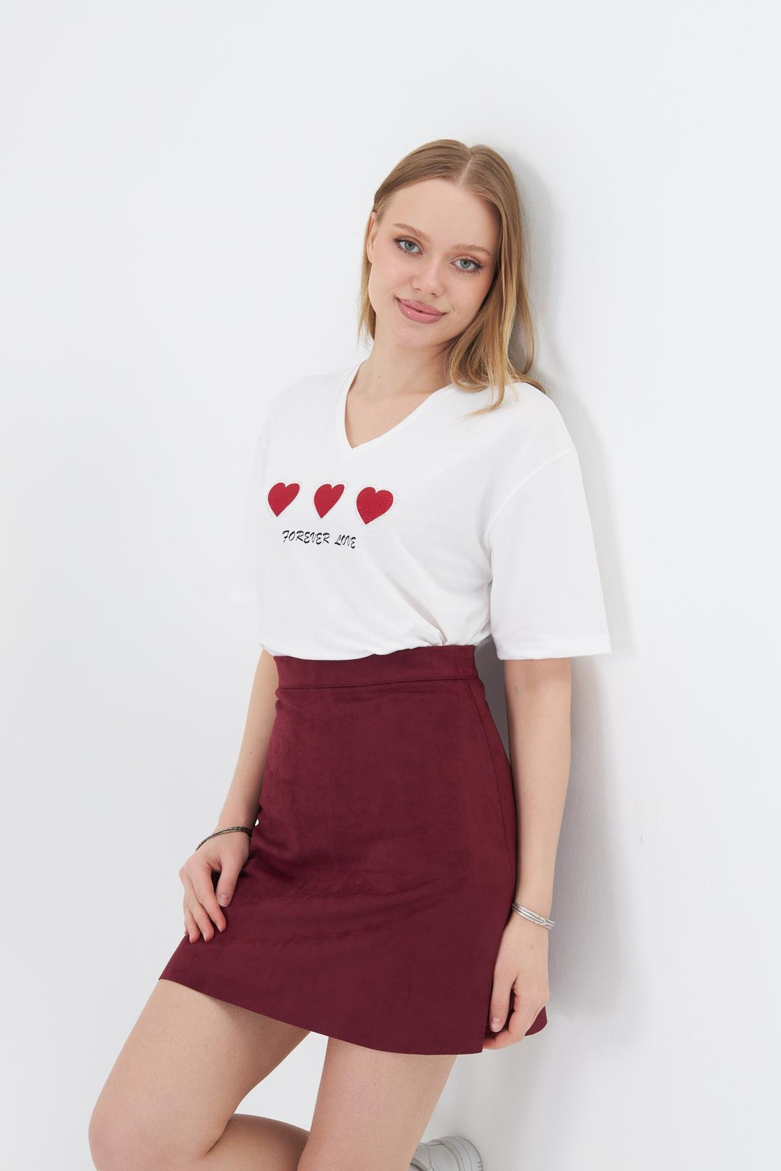 Forever Love Baskılı T-shirt - Ekru/Bordo