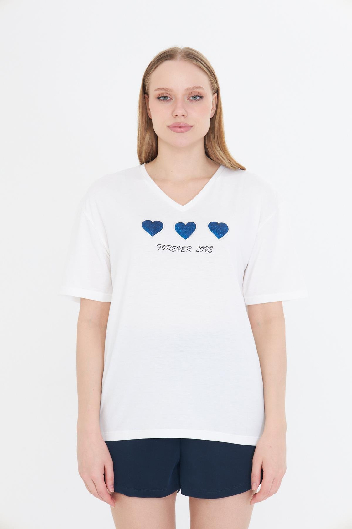 Forever Love Baskılı T-shirt - Ekru/Lacivert