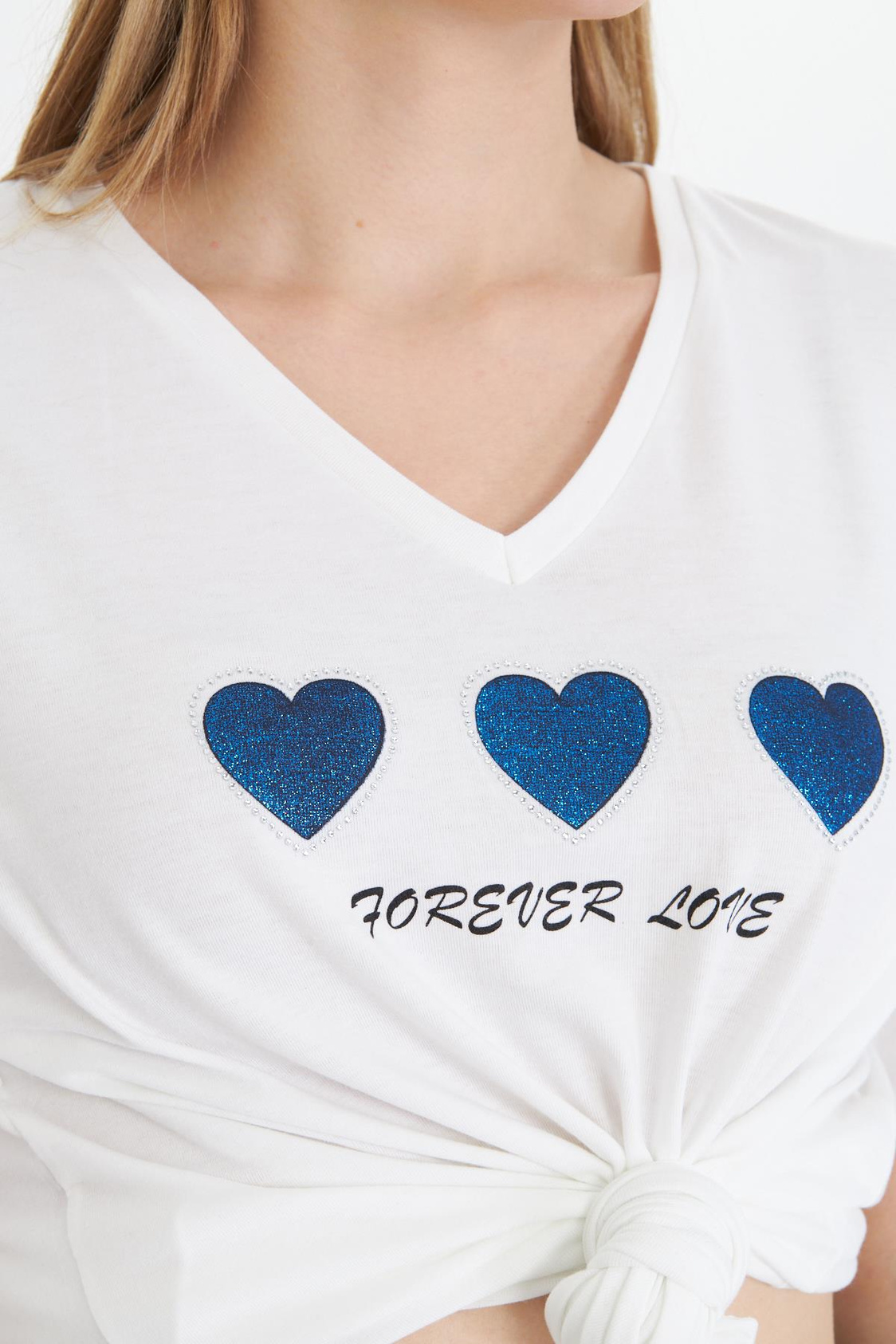 Forever Love Baskılı T-shirt - Ekru/Lacivert