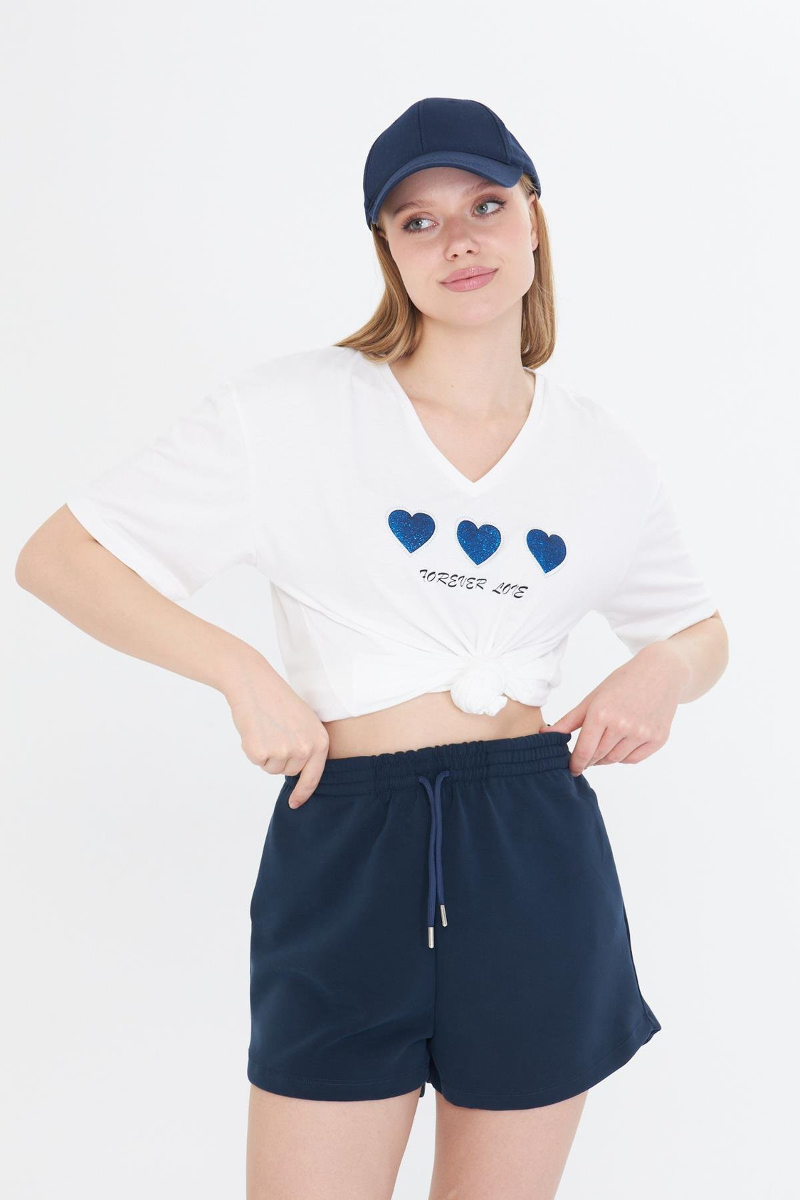 Forever Love Baskılı T-shirt - Ekru/Lacivert