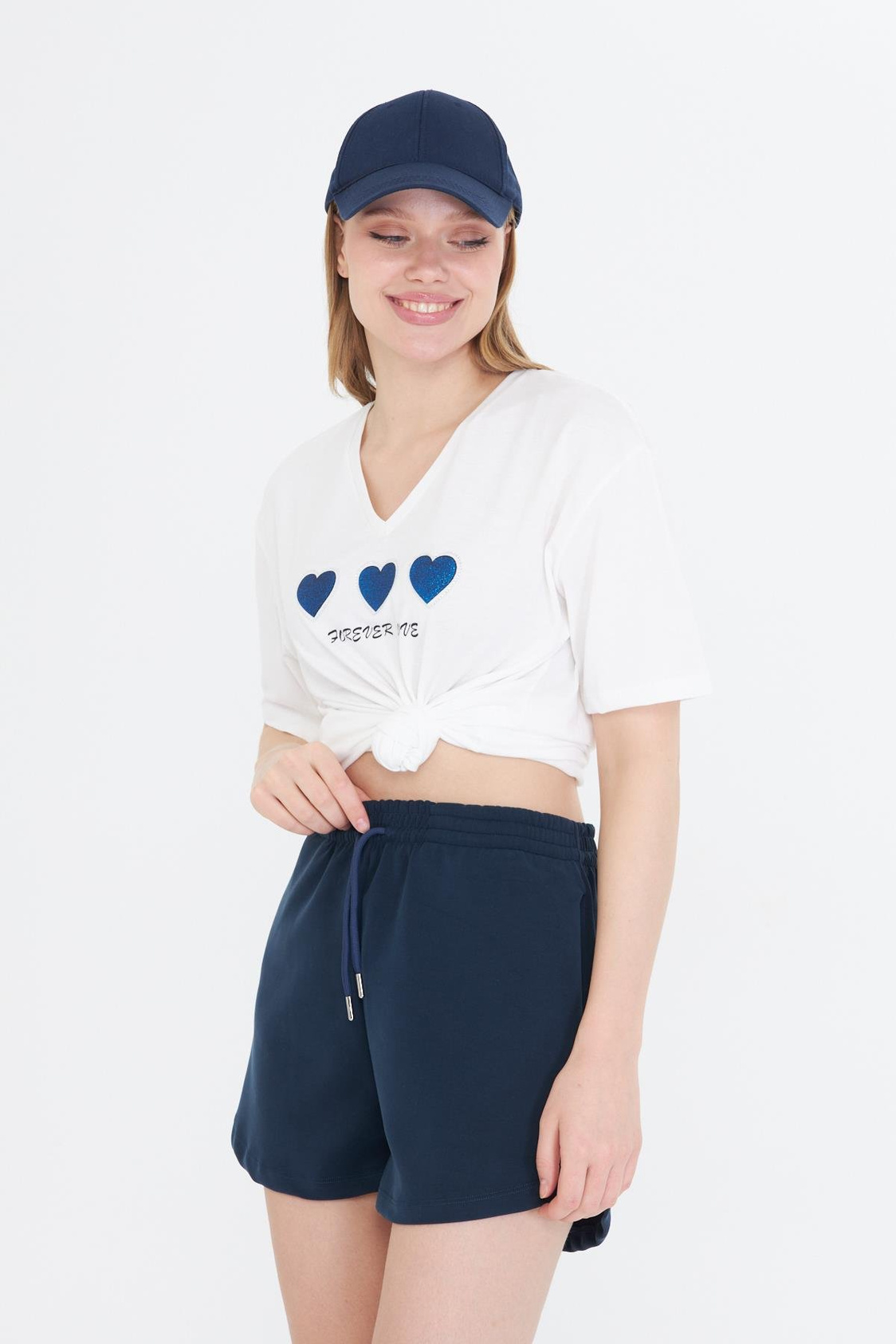 Forever Love Baskılı T-shirt - Ekru/Lacivert