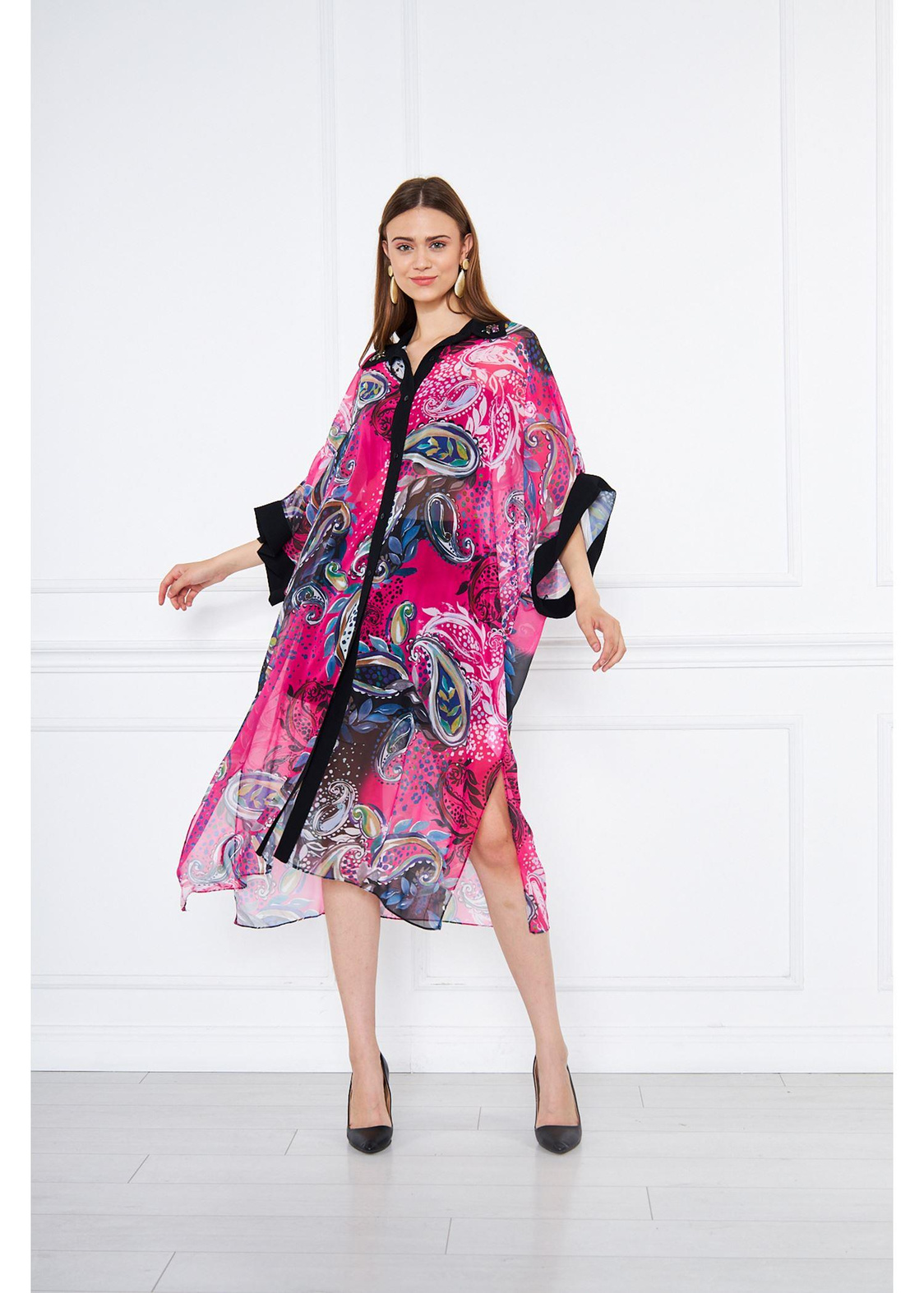 Garnili Çiçekli Şifon Kimono-Fuşya