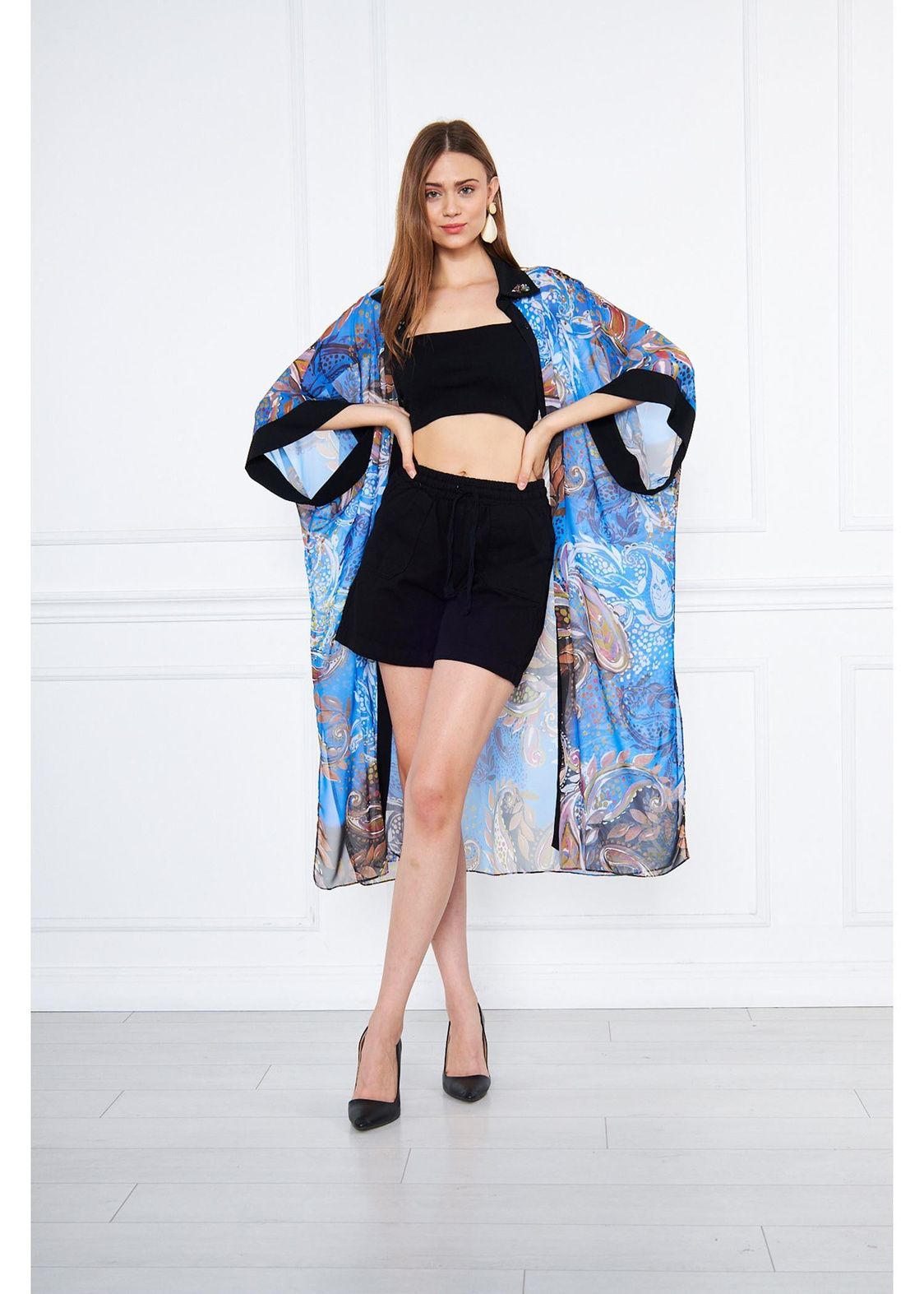Garnili Çiçekli Şifon Kimono-Mavi