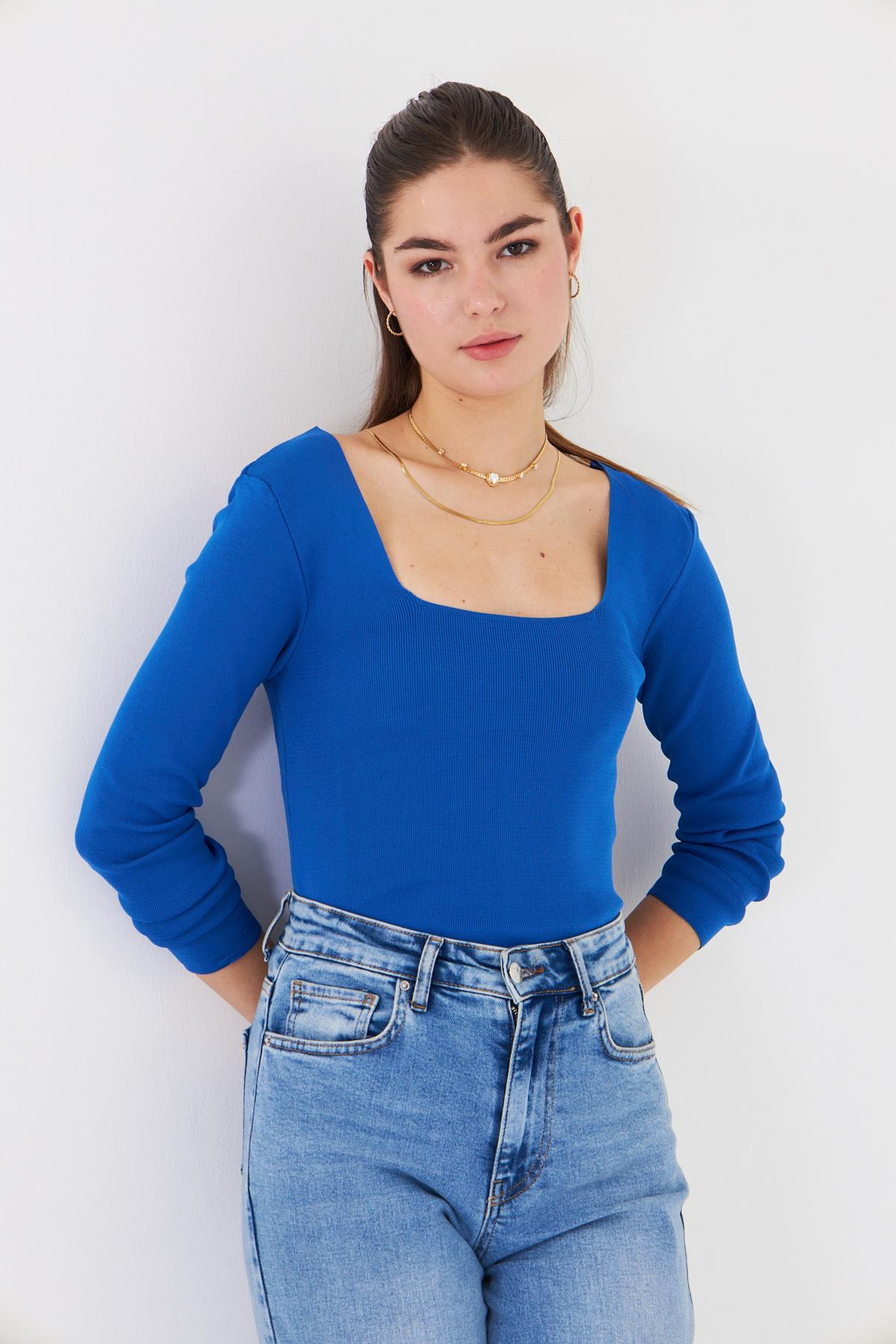 Geniş Yaka Triko - Mavi