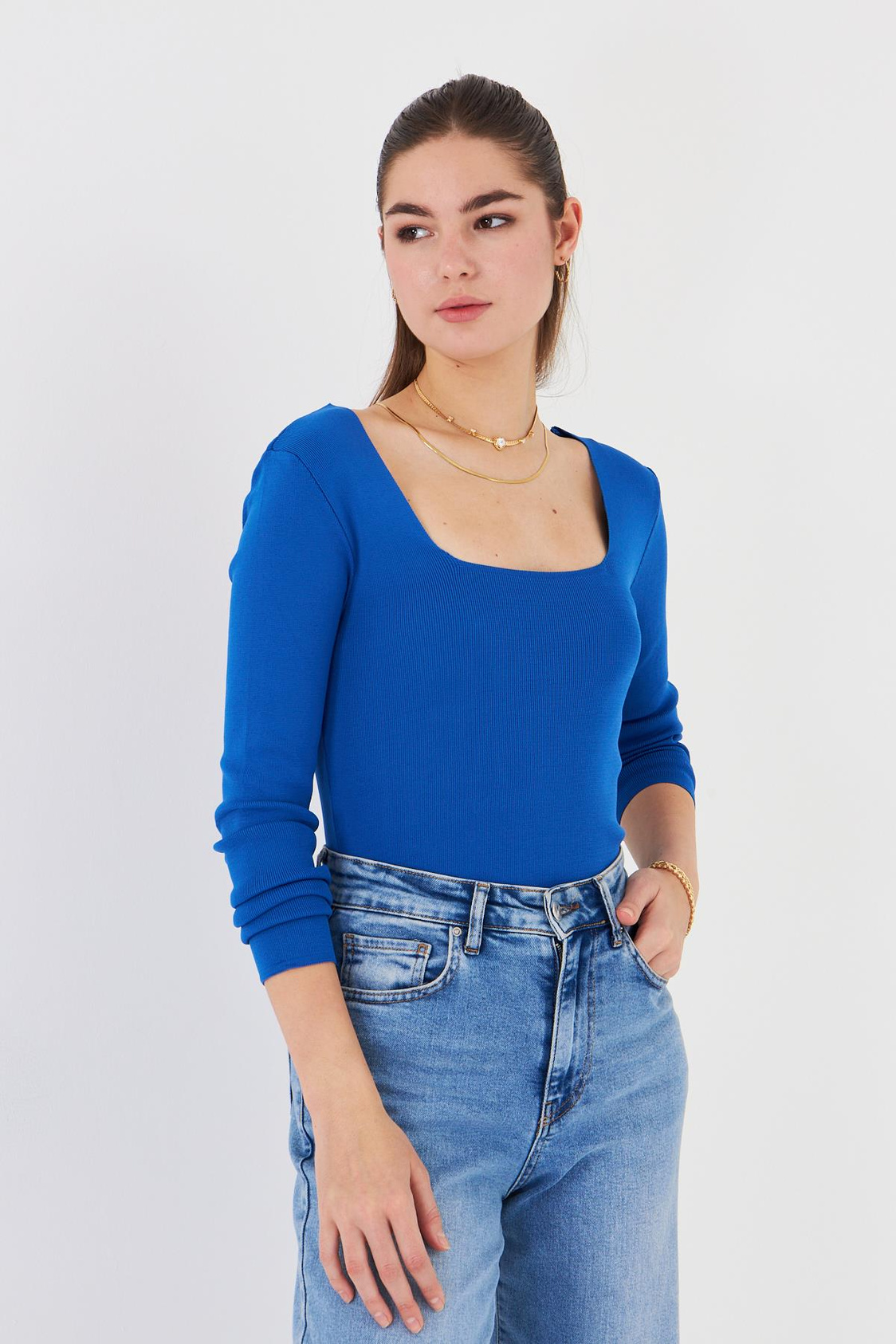 Geniş Yaka Triko - Mavi