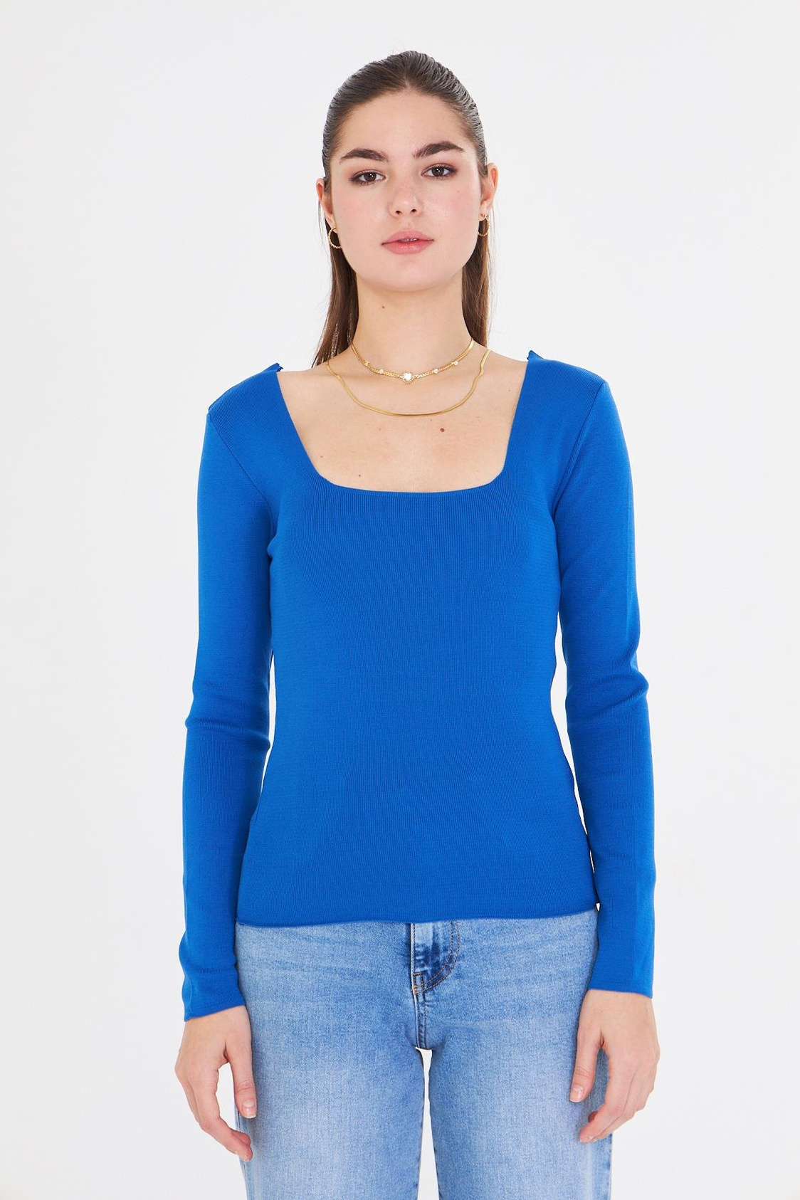 Geniş Yaka Triko - Mavi