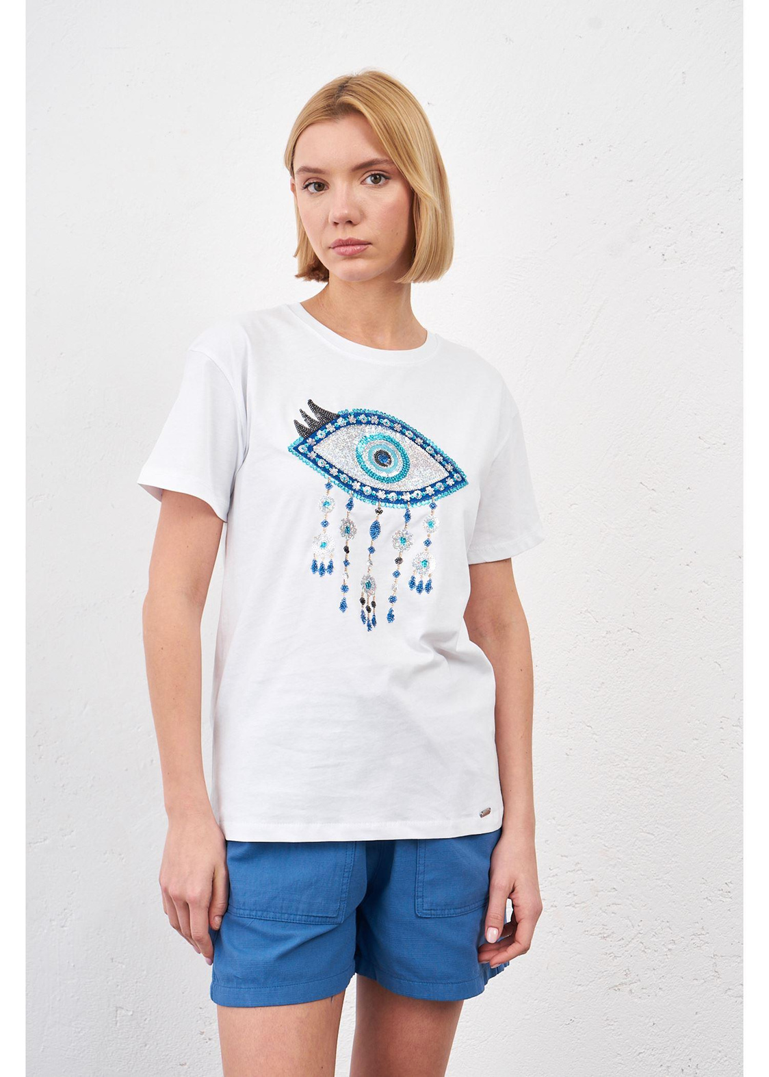 Göz Baskılı T-shirt-Beyaz