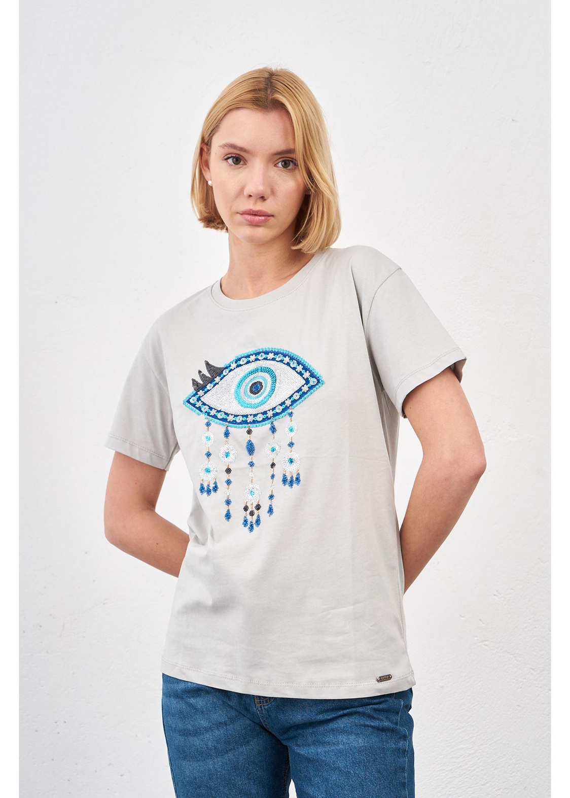 Göz Baskılı T-shirt-Gri