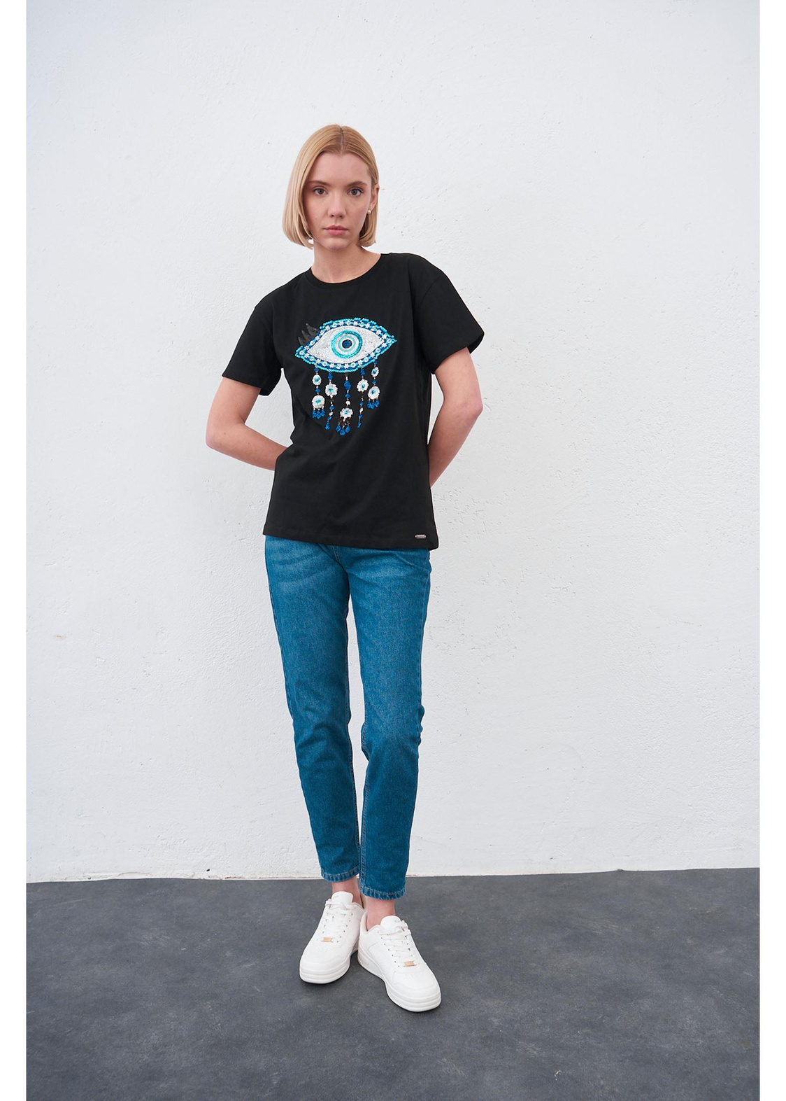Göz Baskılı T-shirt-Siyah