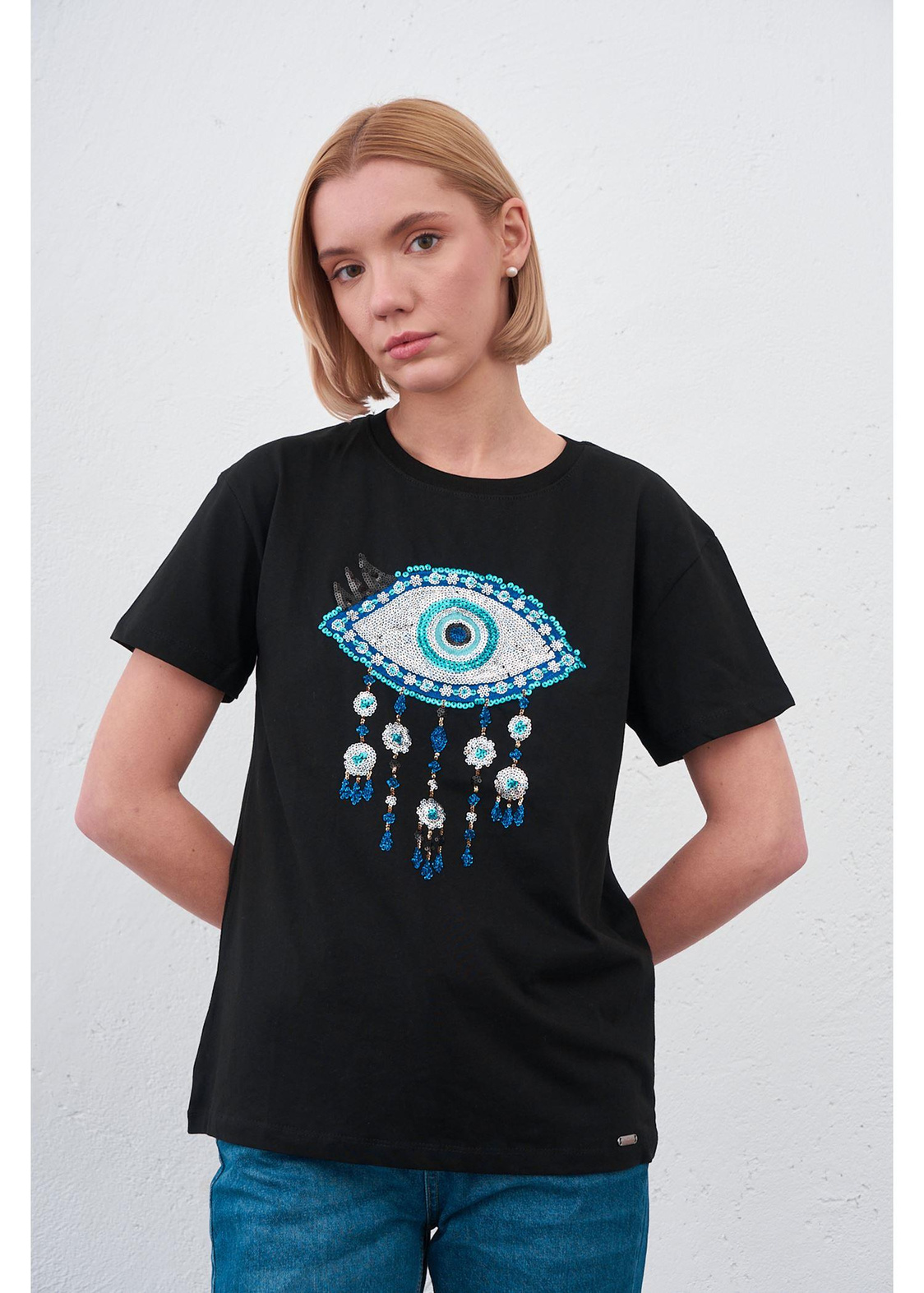 Göz Baskılı T-shirt-Siyah