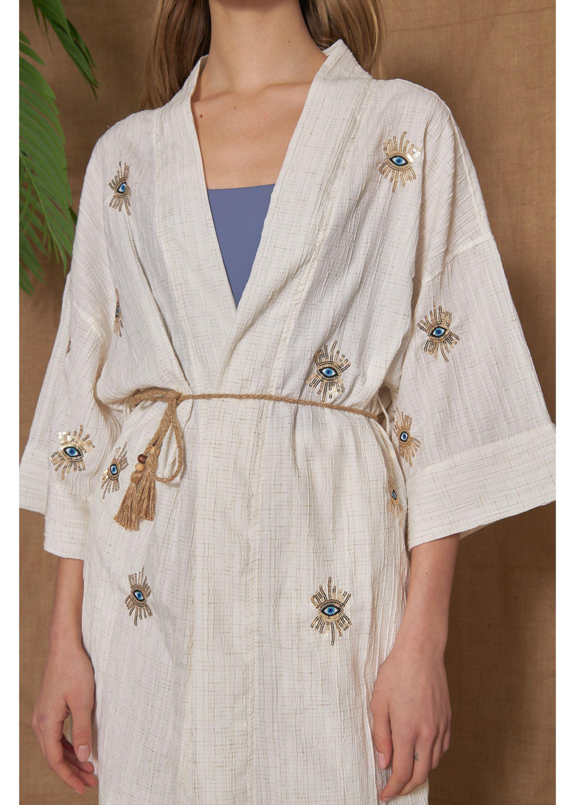 Göz Nakışlı Keten Kimono-Ekru