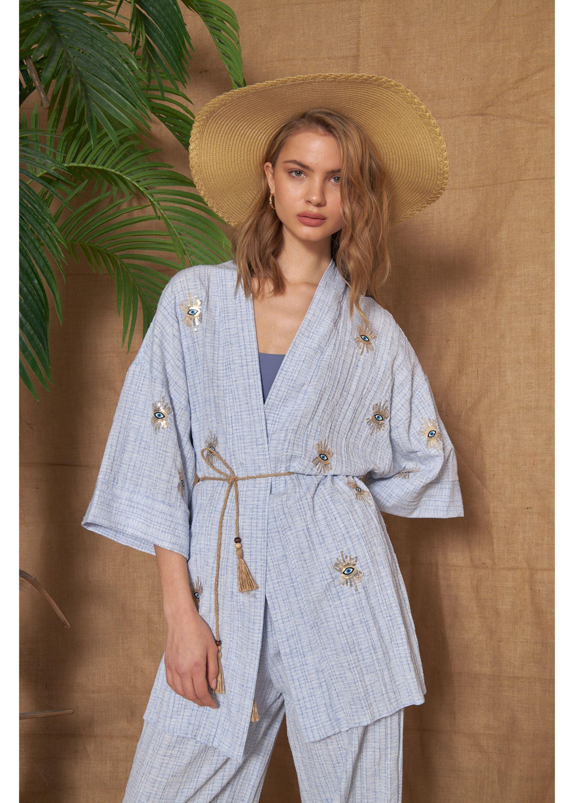 Göz Nakışlı Keten Kimono-Mavi