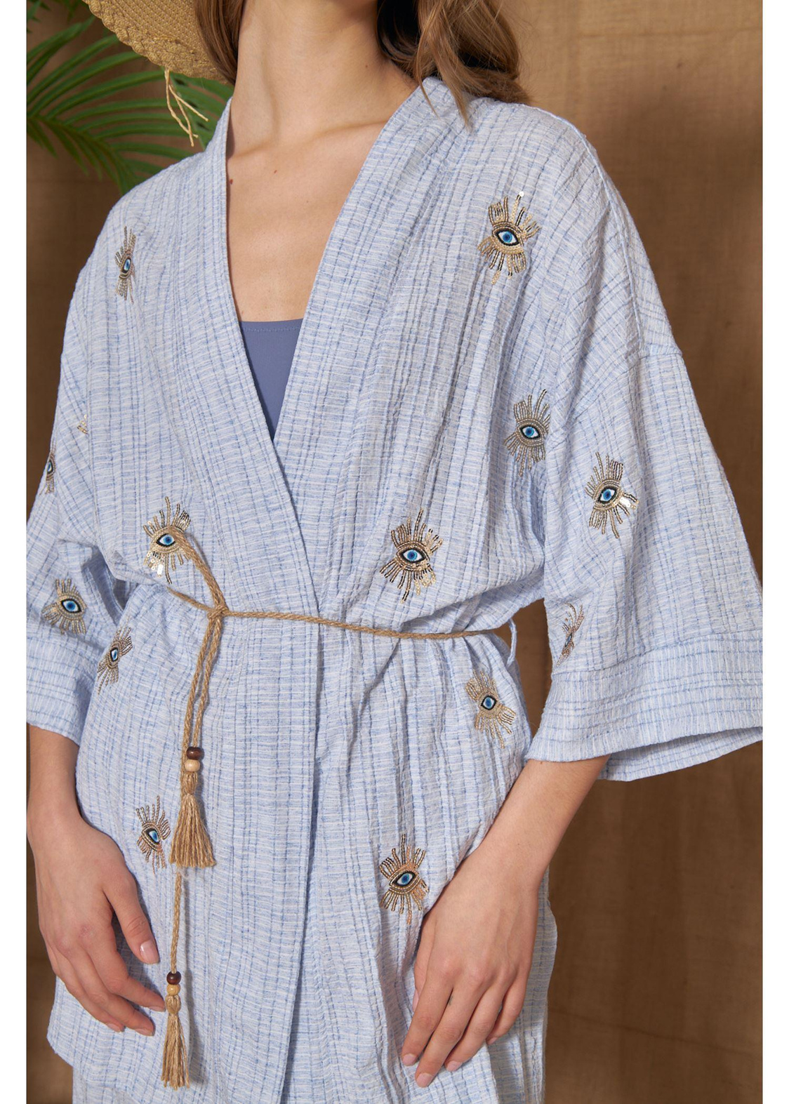 Göz Nakışlı Keten Kimono-Mavi