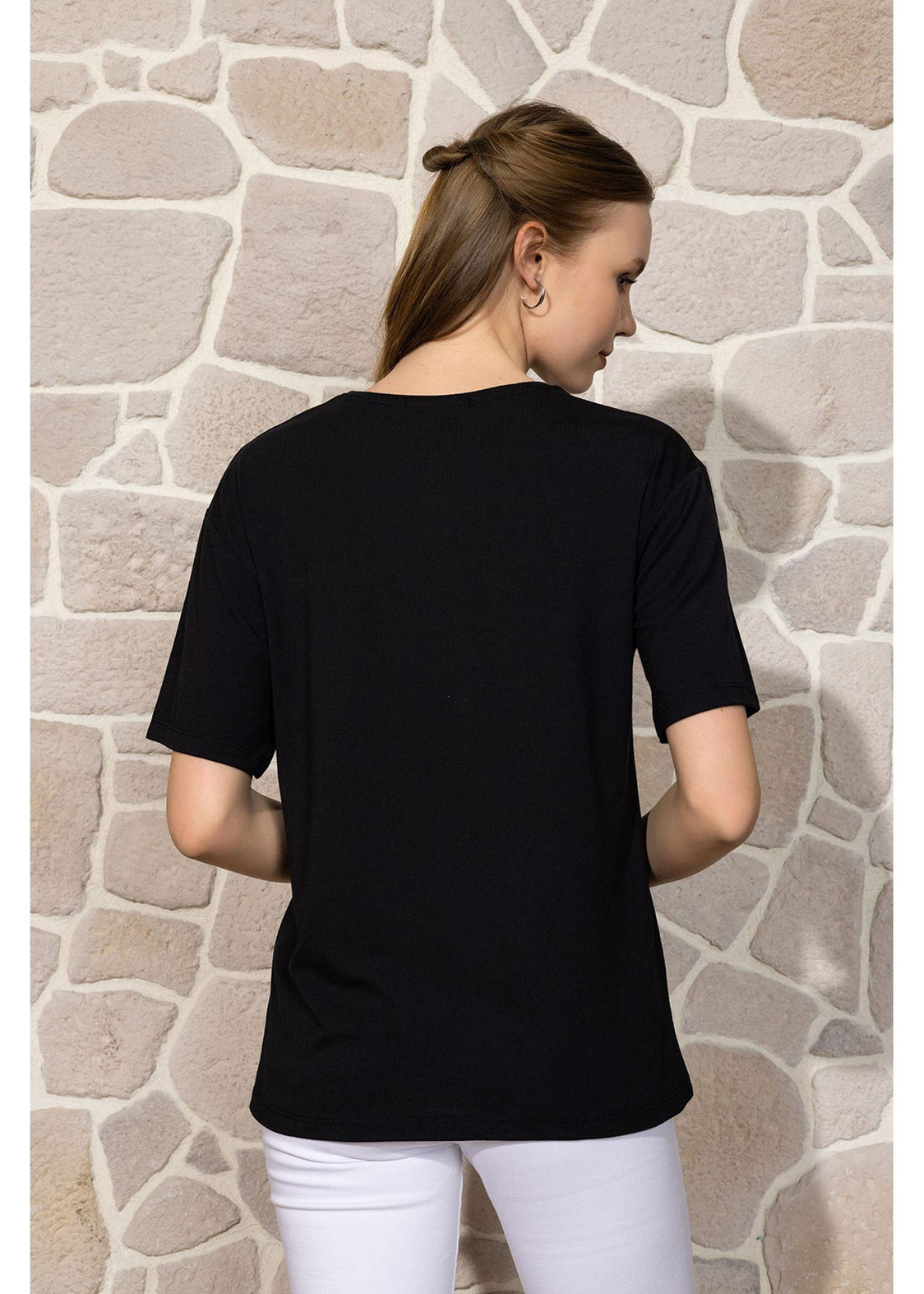 Gül Baskılı Basic T-shirt-Siyah