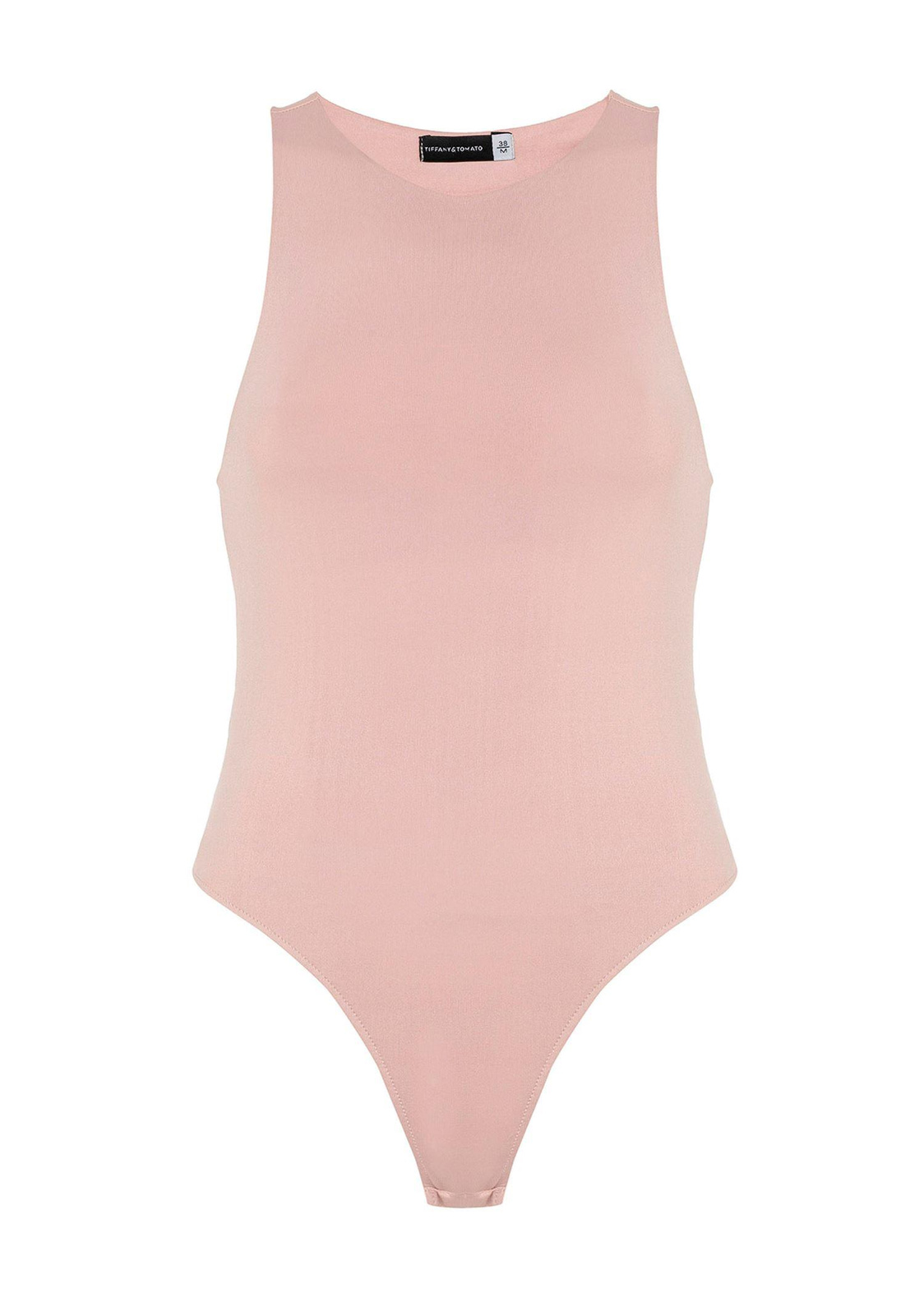 Halter Yaka Çıt Çıtlı Bodysuit-Pudra