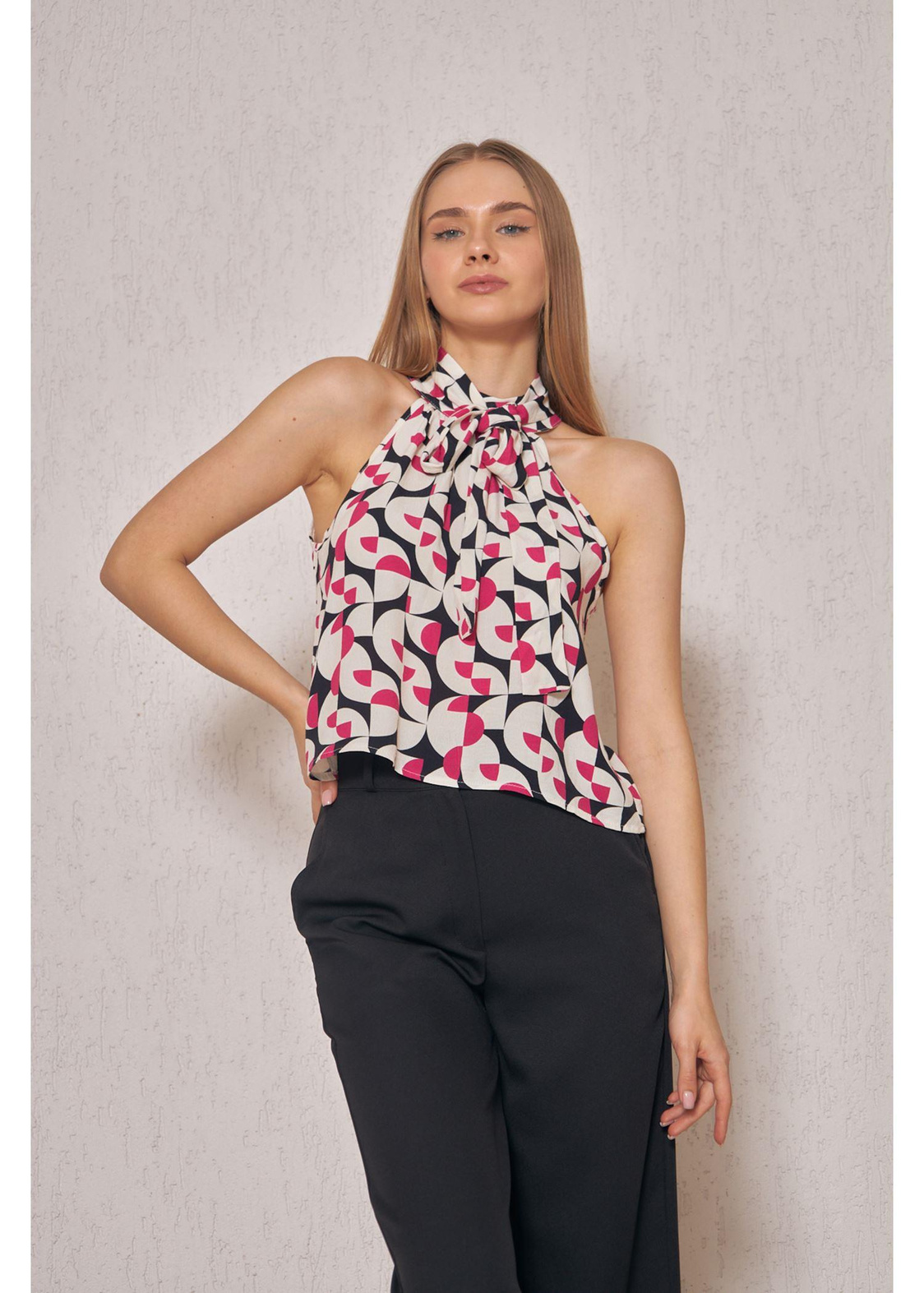 Halter Yaka Desenli Top Bluz-Fuşya