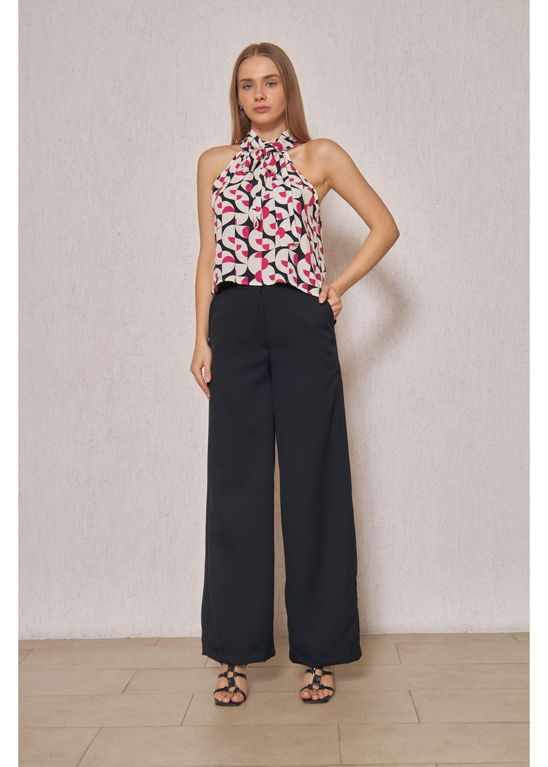 Halter Yaka Desenli Top Bluz-Fuşya