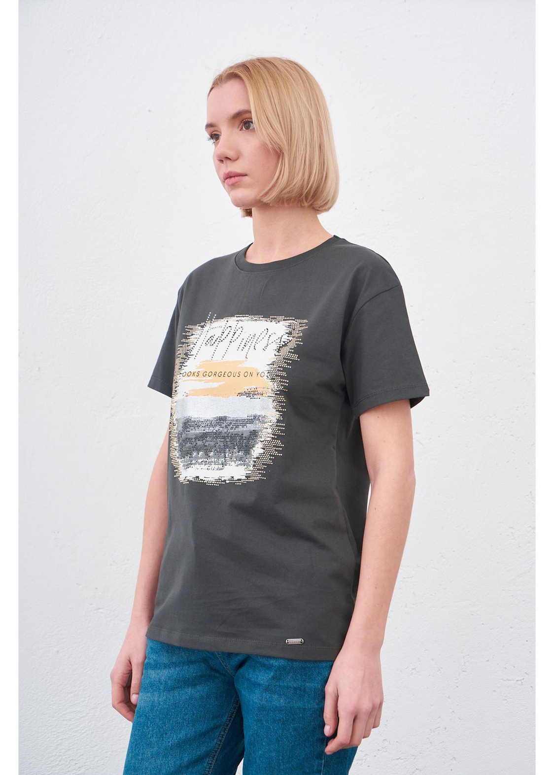 Happiness Baskılı T-shirt-Antrasit