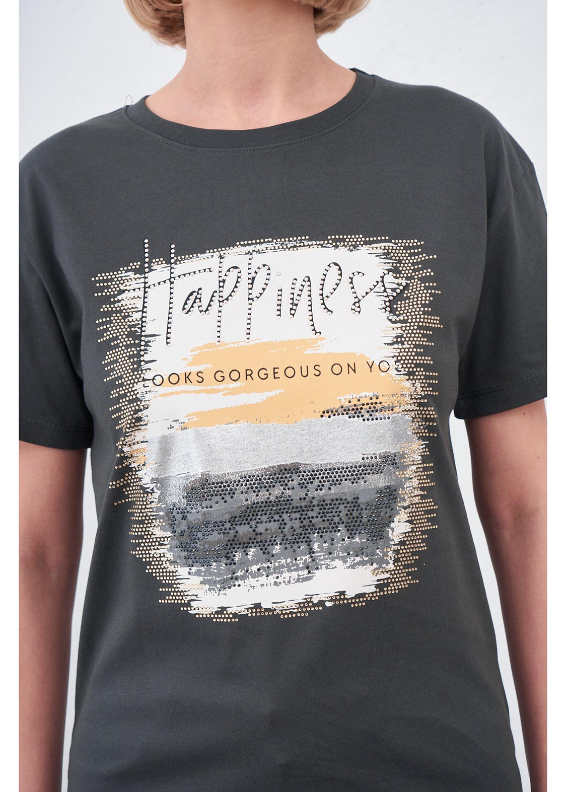 Happiness Baskılı T-shirt-Antrasit